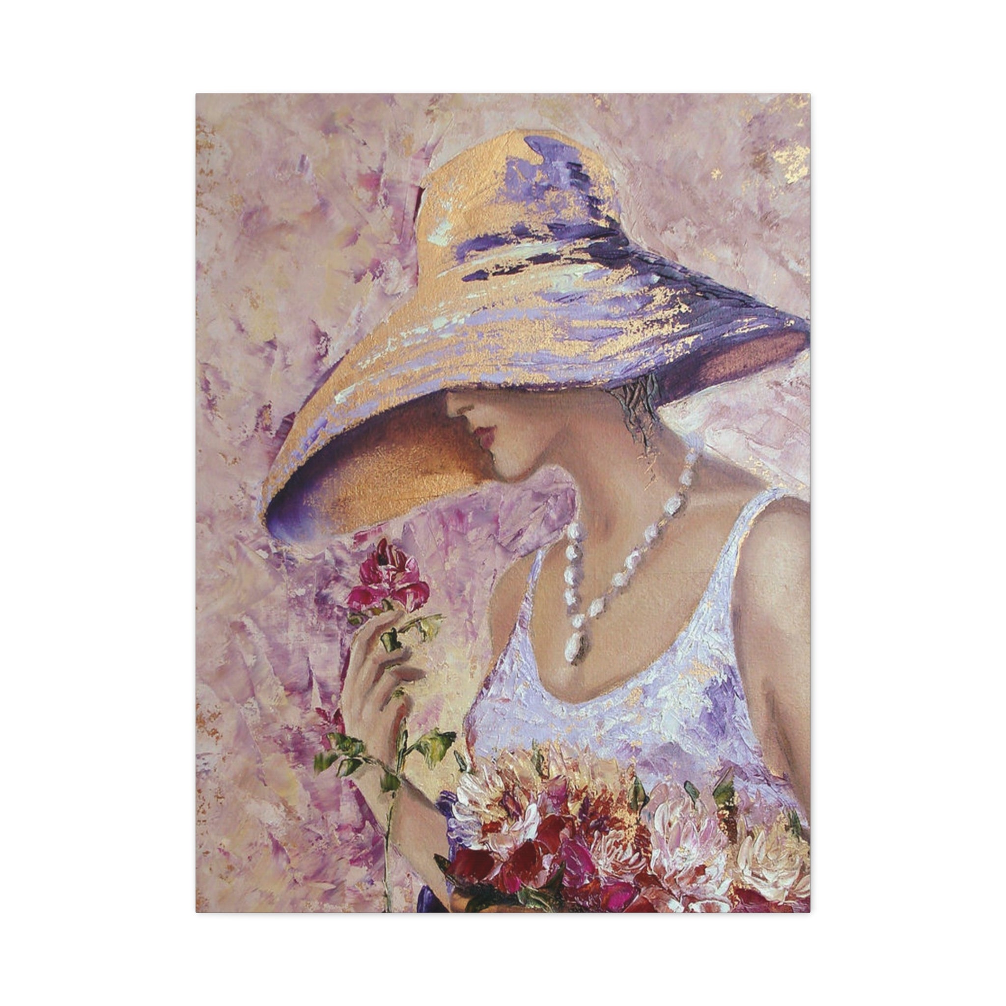 Floral Lady in Wide Brim Hat — Matte Stretched Canvas Wall Art 