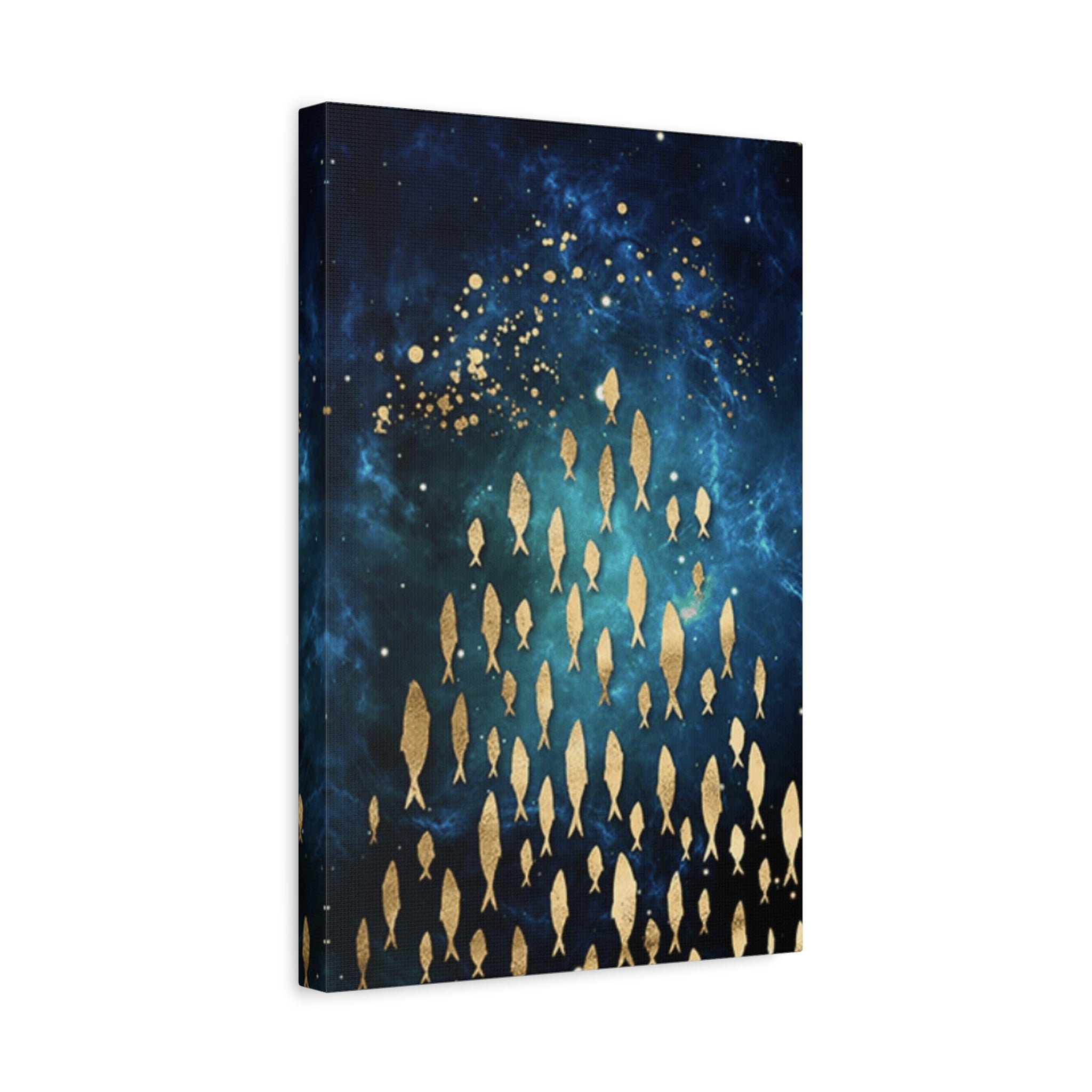 Gold Fish Galaxy Canvas Wall Art — Navy Blue Matte Stretched Canvas 