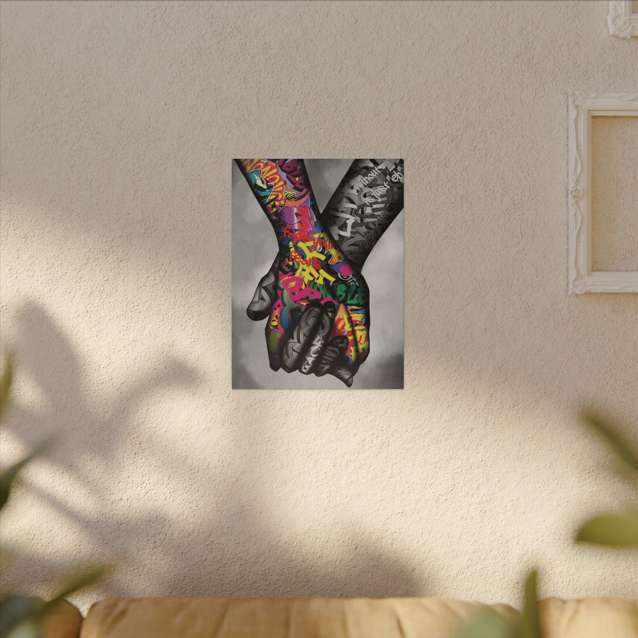 Graffiti Hands Canvas Print — Colorful Holding Hands Wall Art 