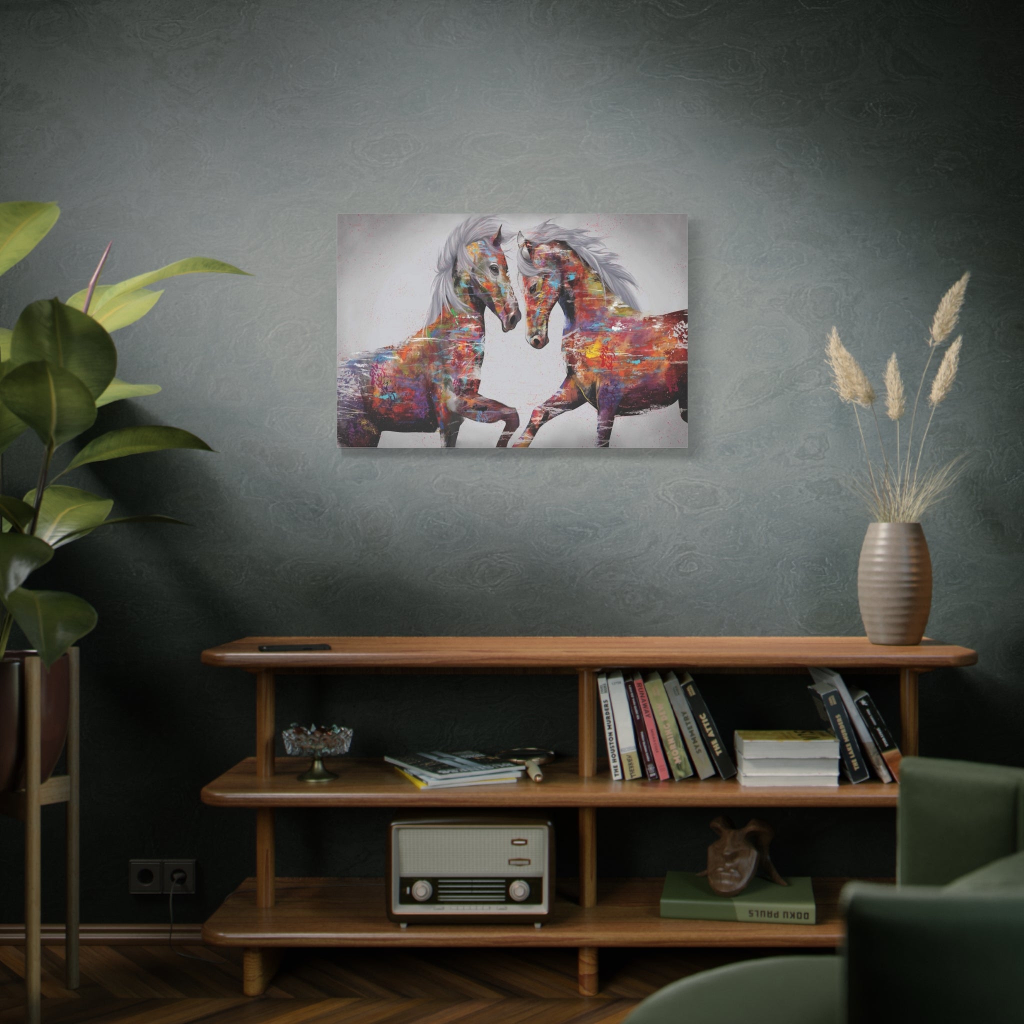 Colorful Horses Canvas Wall Art — Vibrant Abstract Horse Painting on Stretched Matte Canvas 