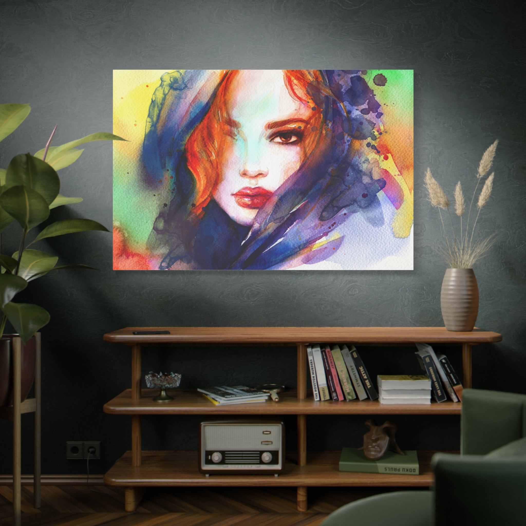 Watercolor Portrait Canvas Print — Vibrant Woman Face Matte Stretched Wall Art