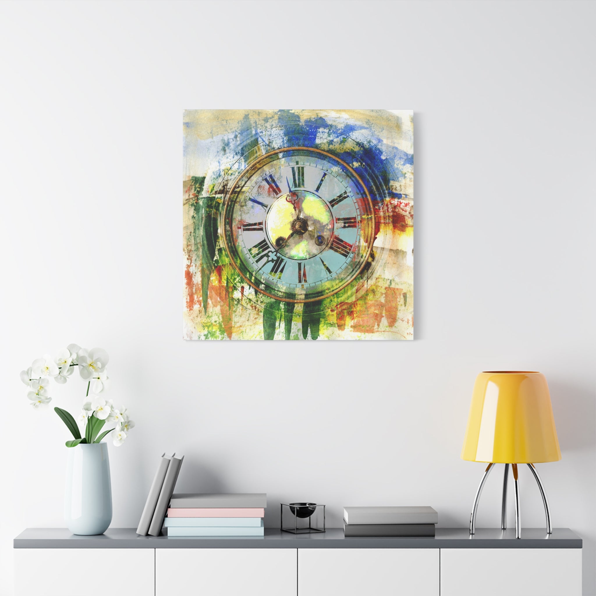 Abstract Vintage Clock Matte Canvas Print — Colorful Stretched Wall Art