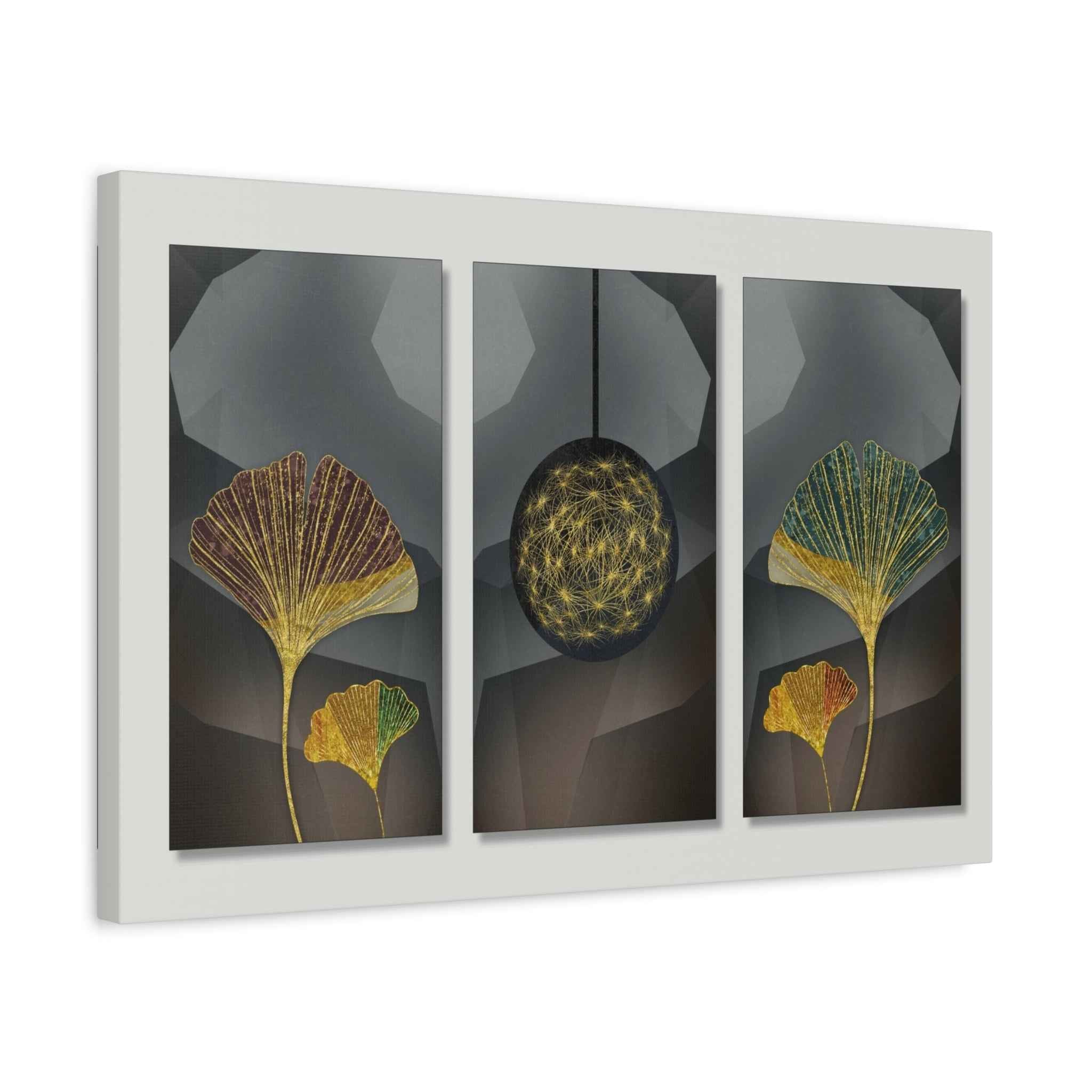 Gold Ginkgo Leaf Wall Art – Modern Botanical Triptych Canvas Decor