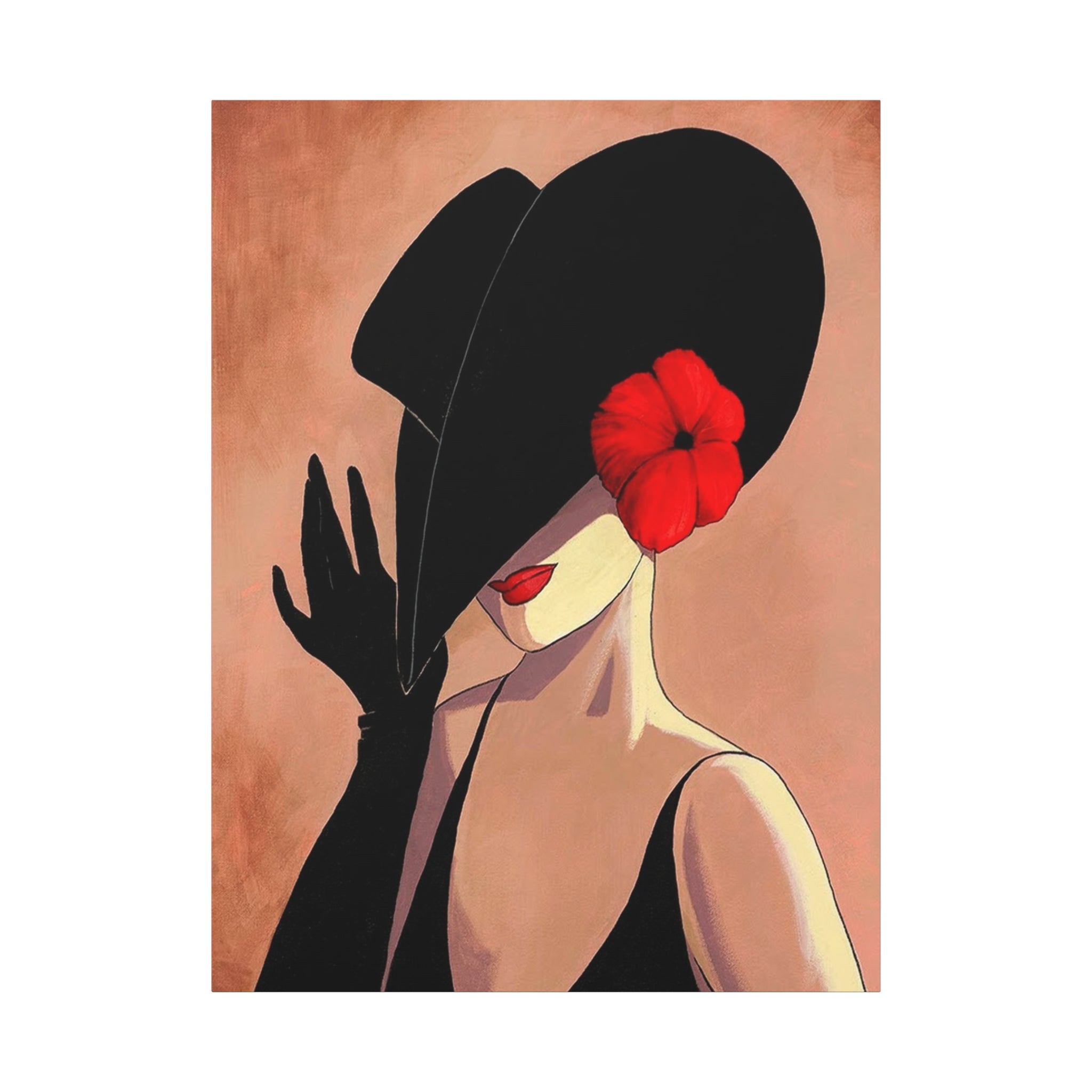 Elegant Lady with Black Hat Canvas Art — Red Flower Portrait 