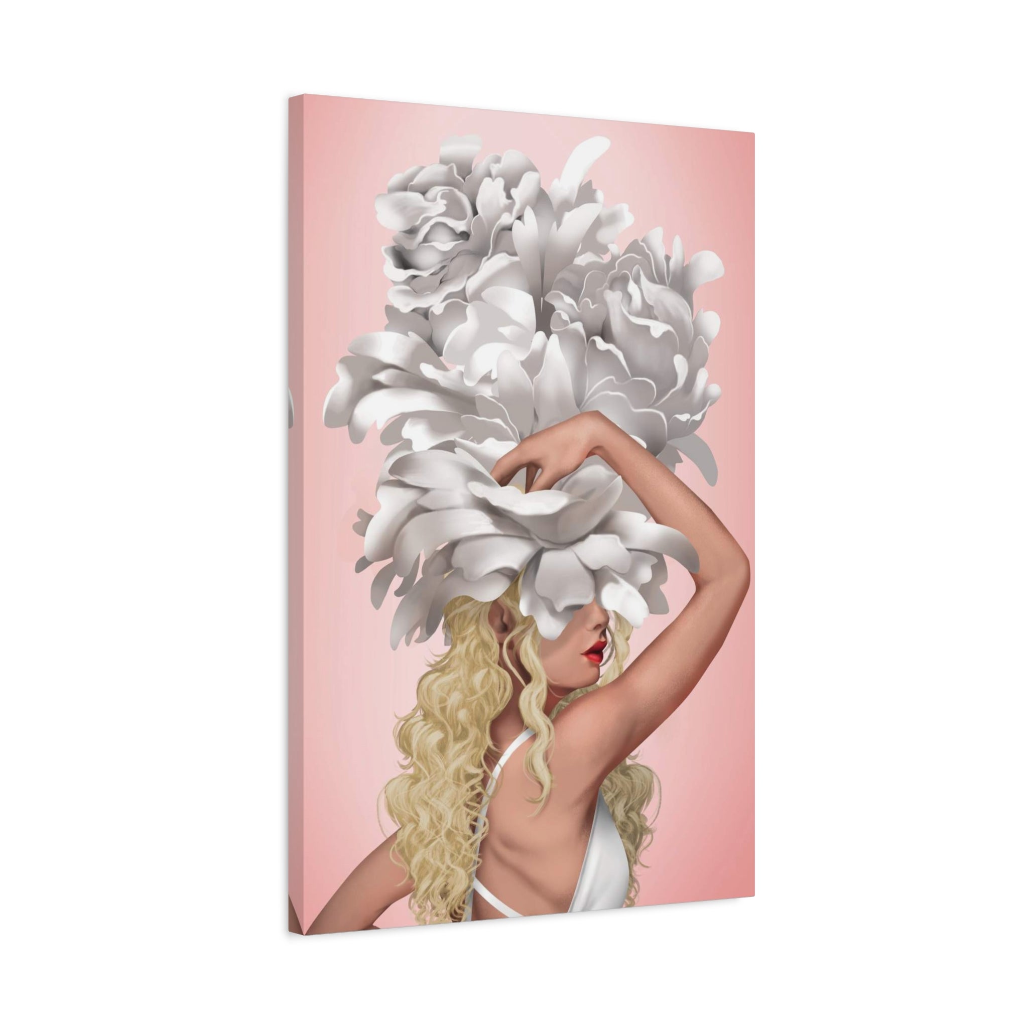 Blushing Muse Floral Canvas Print — Woman with Oversized White Peony Hat 
