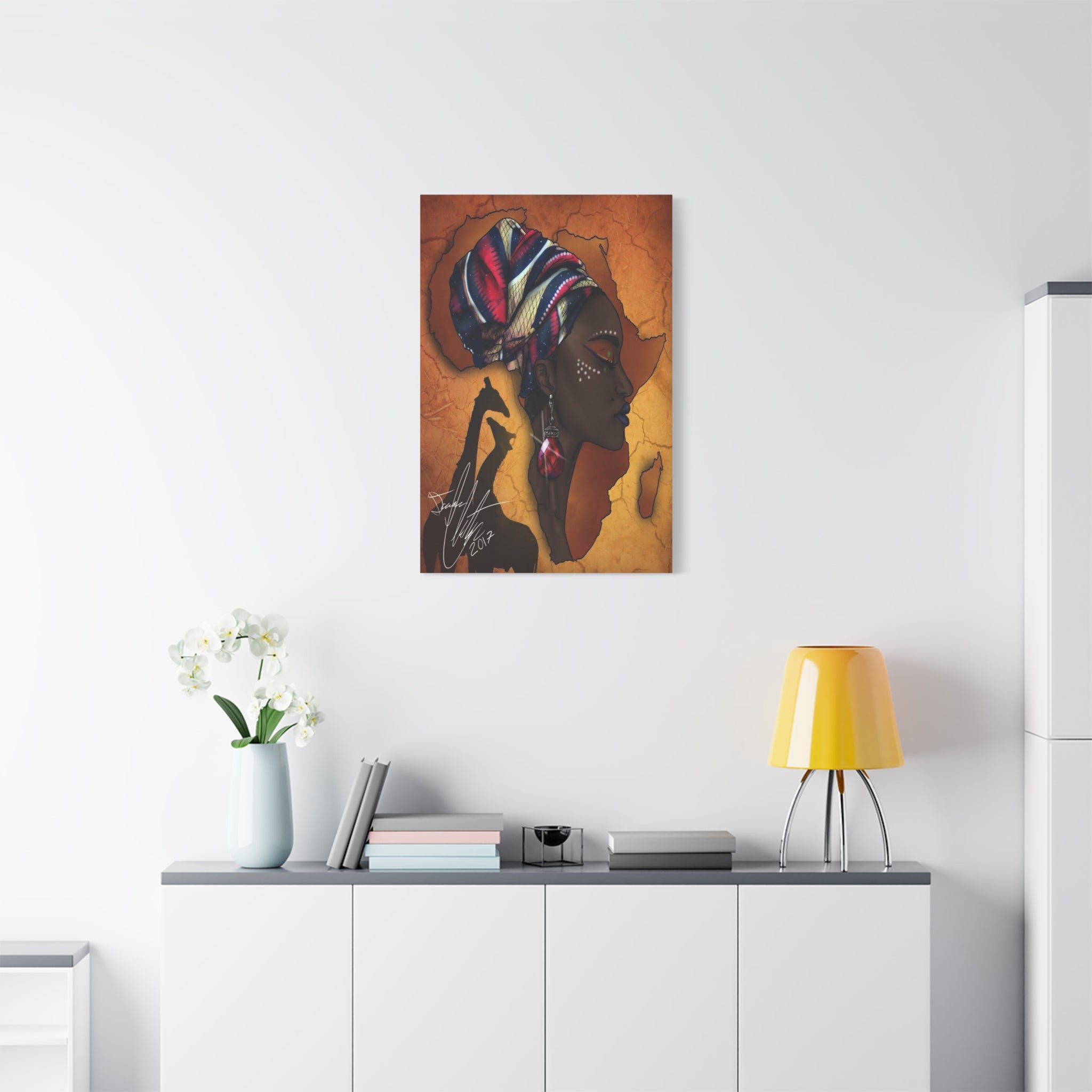 African Queen Canvas Wall Art — Profile Portrait with Giraffe Silhouette 