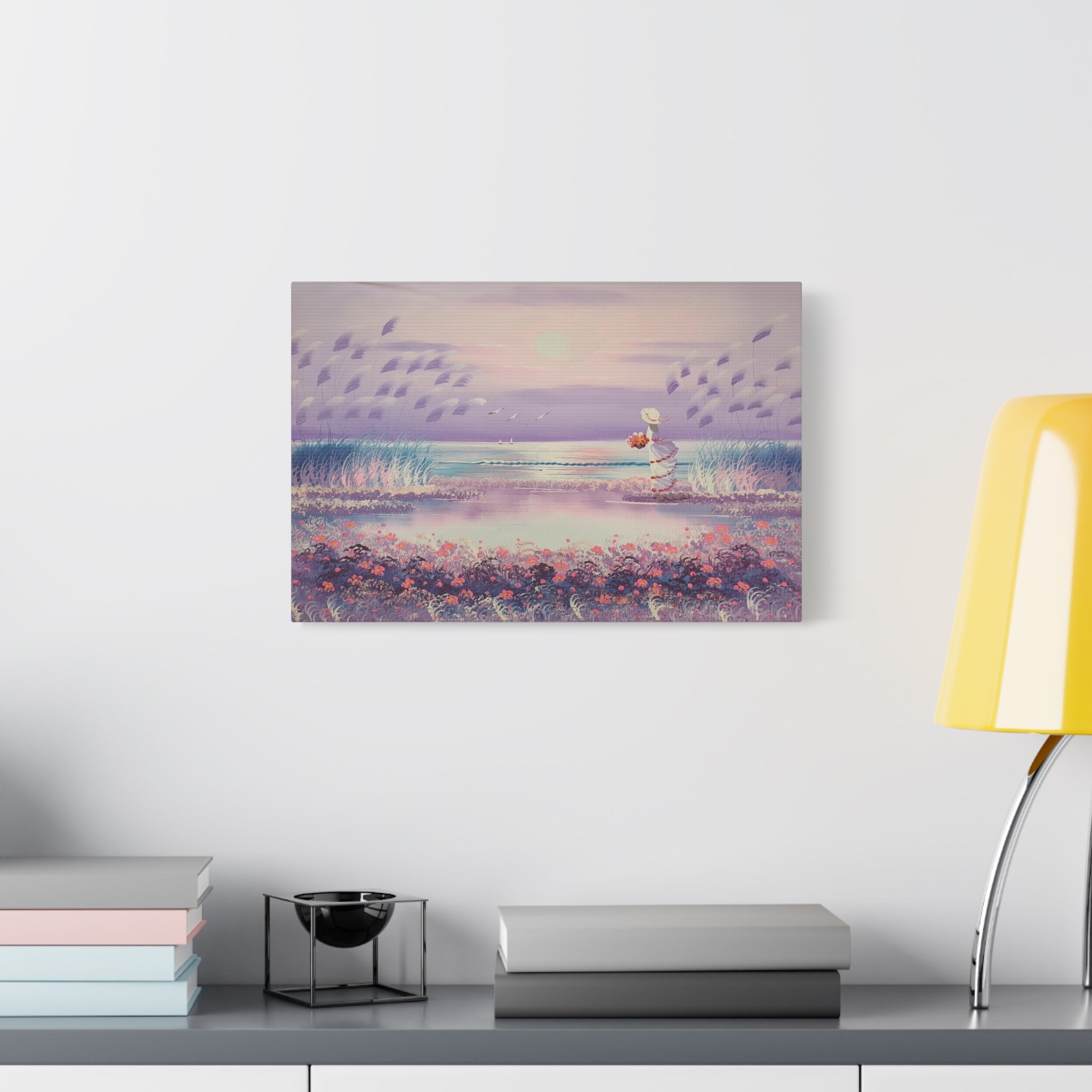 Sunset Seaside Canvas - Woman with Bouquet Beach Wall Art 