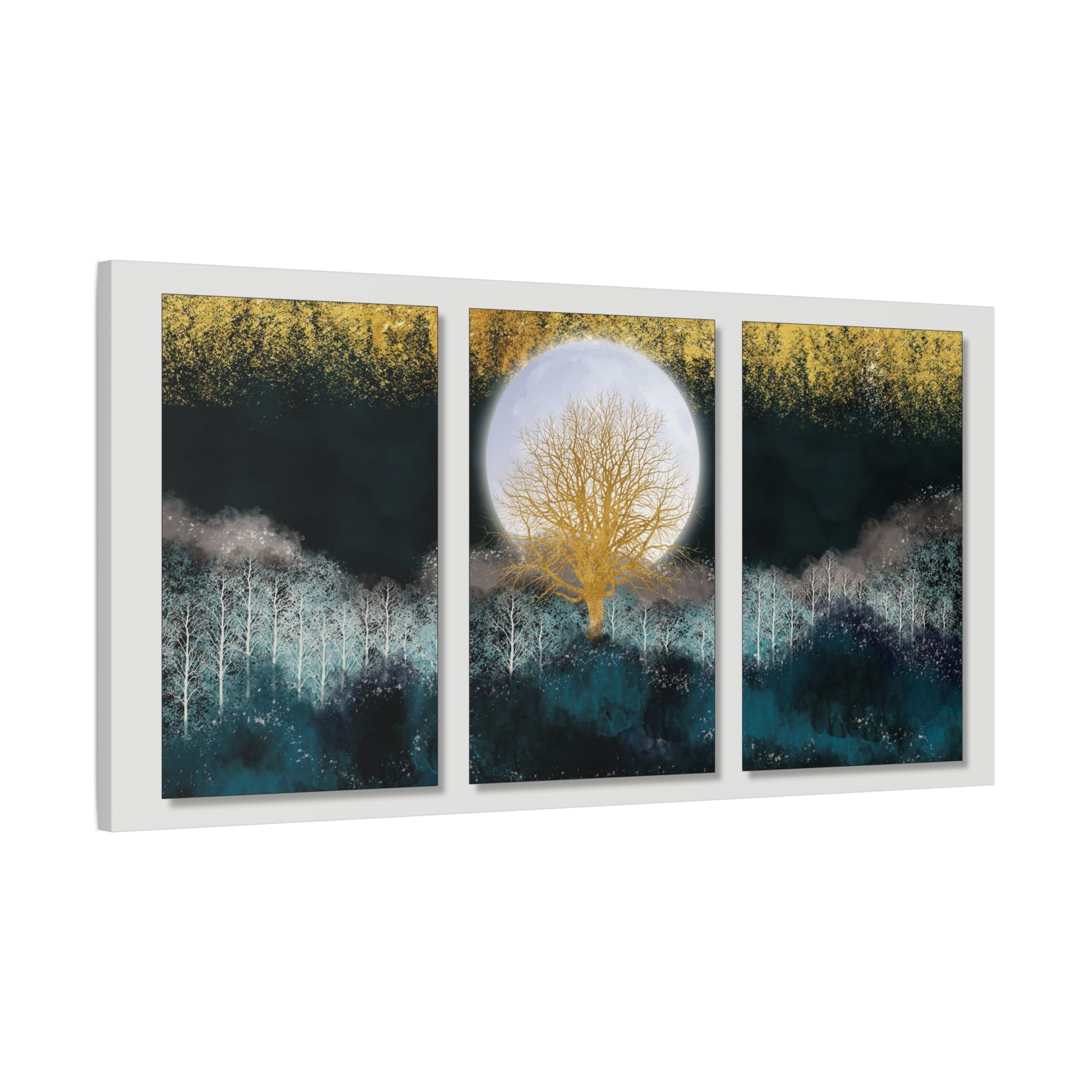 Golden Moon Tree Triptych Canvas Print