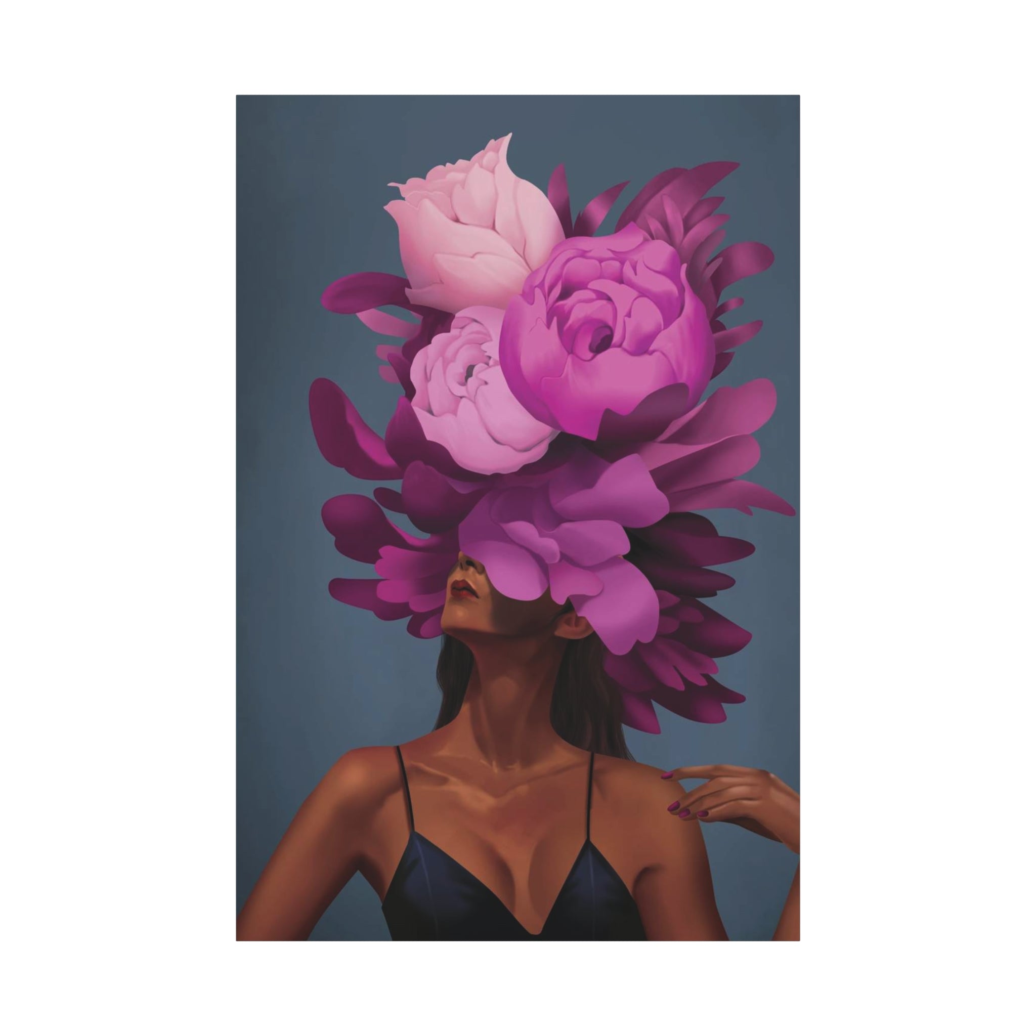 Floral Portrait Canvas Print — Woman with Oversized Pink Peony Hat (Matte Stretched) 