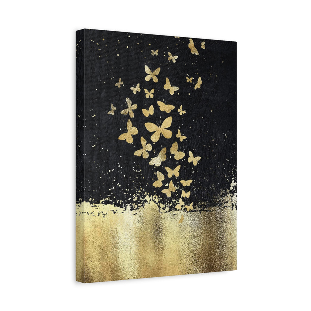 Canvas Art - Gold Butterflies on Black Abstract Matte Stretched Canvas