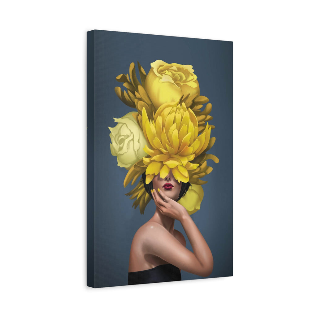 Yellow Floral Femme Canvas Wall Art — Modern Portrait with Giant Flowers 