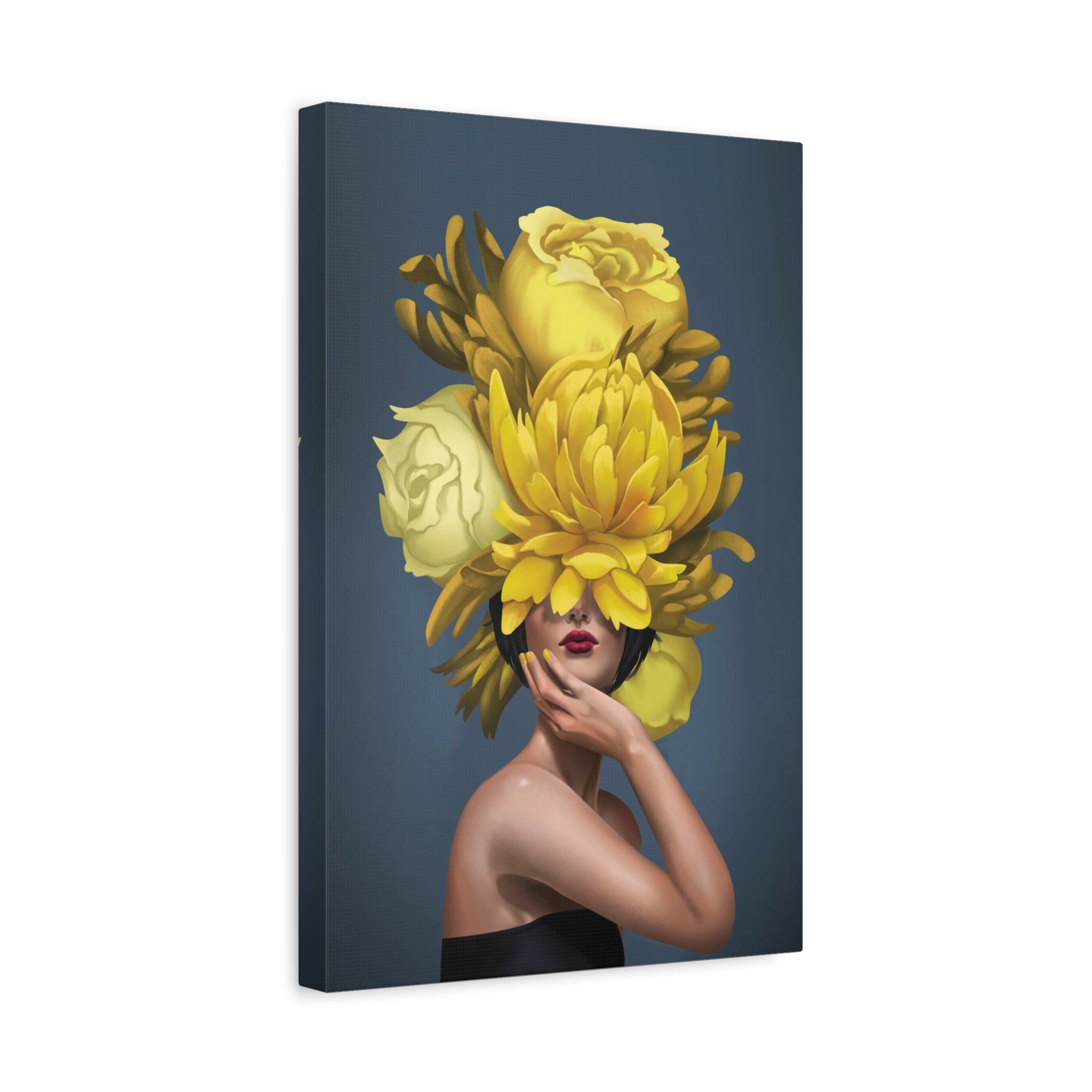 Yellow Floral Femme Canvas Wall Art — Modern Portrait with Giant Flowers