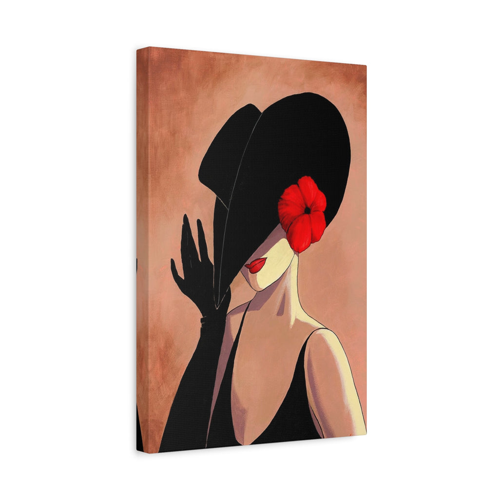 Elegant Lady with Black Hat Canvas Art — Red Flower Portrait 