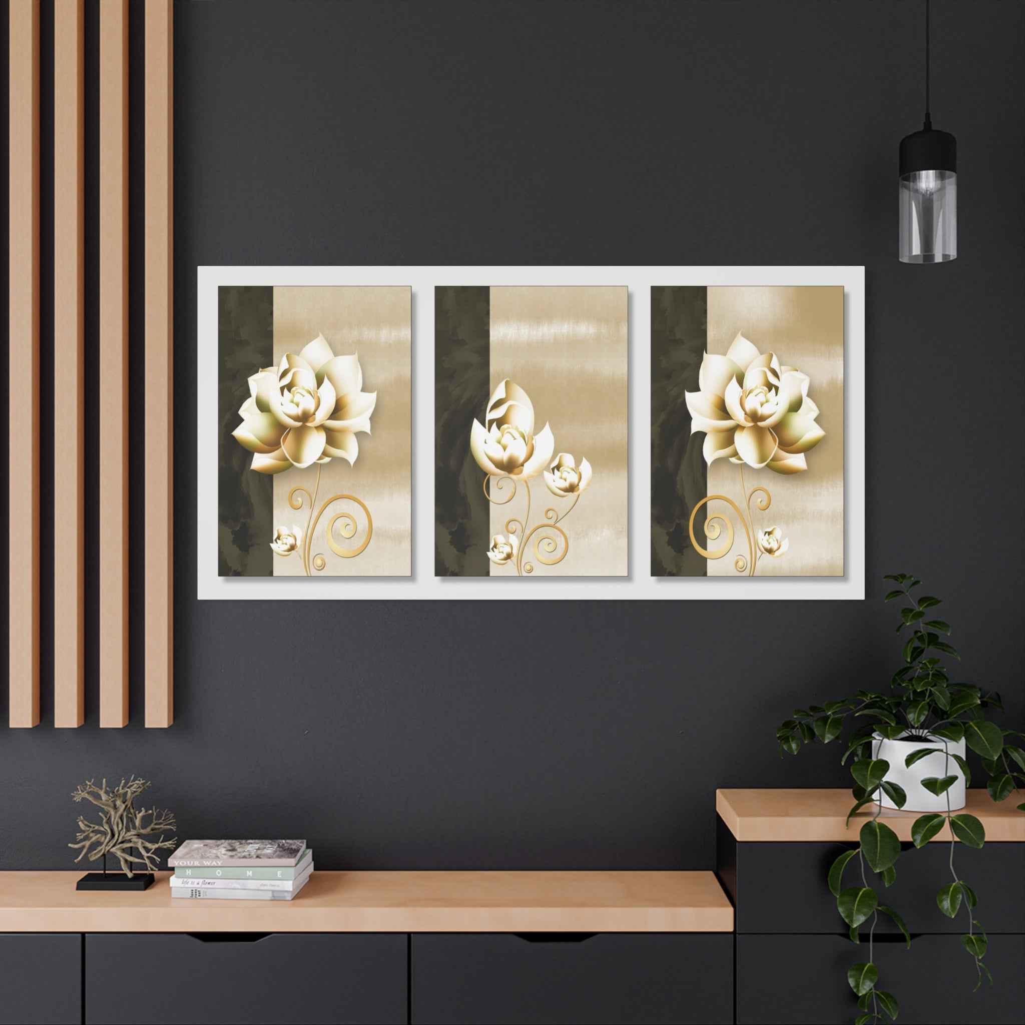 Gold Floral Triptych Canvas Wall Art – Luxury Flower Wall Decor