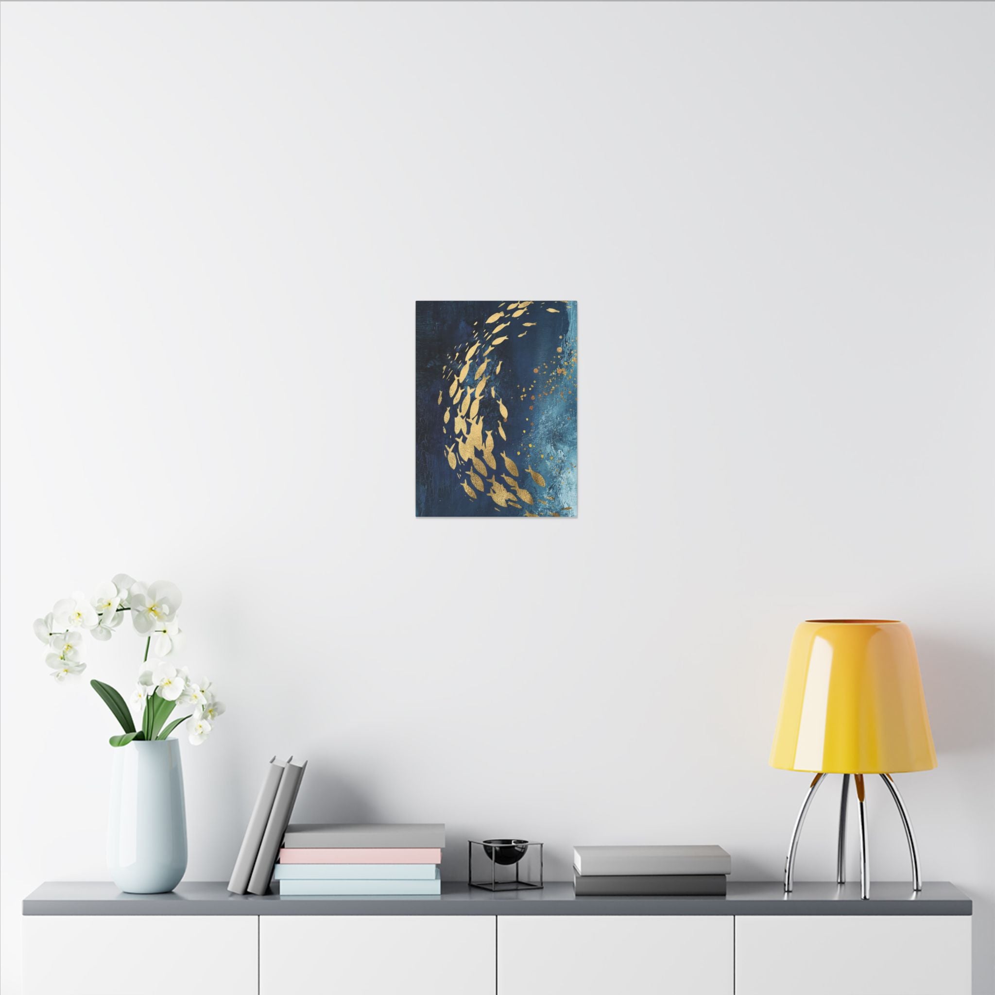 Abstract Gold Fish Canvas — Navy Ocean Wall Art (Matte Stretched)