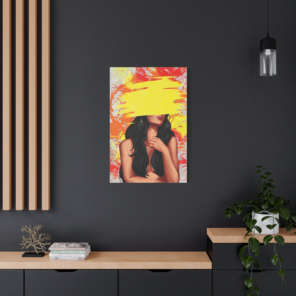 Abstract Femme Nude Canvas Art – Yellow Paint Stroke Portrait 