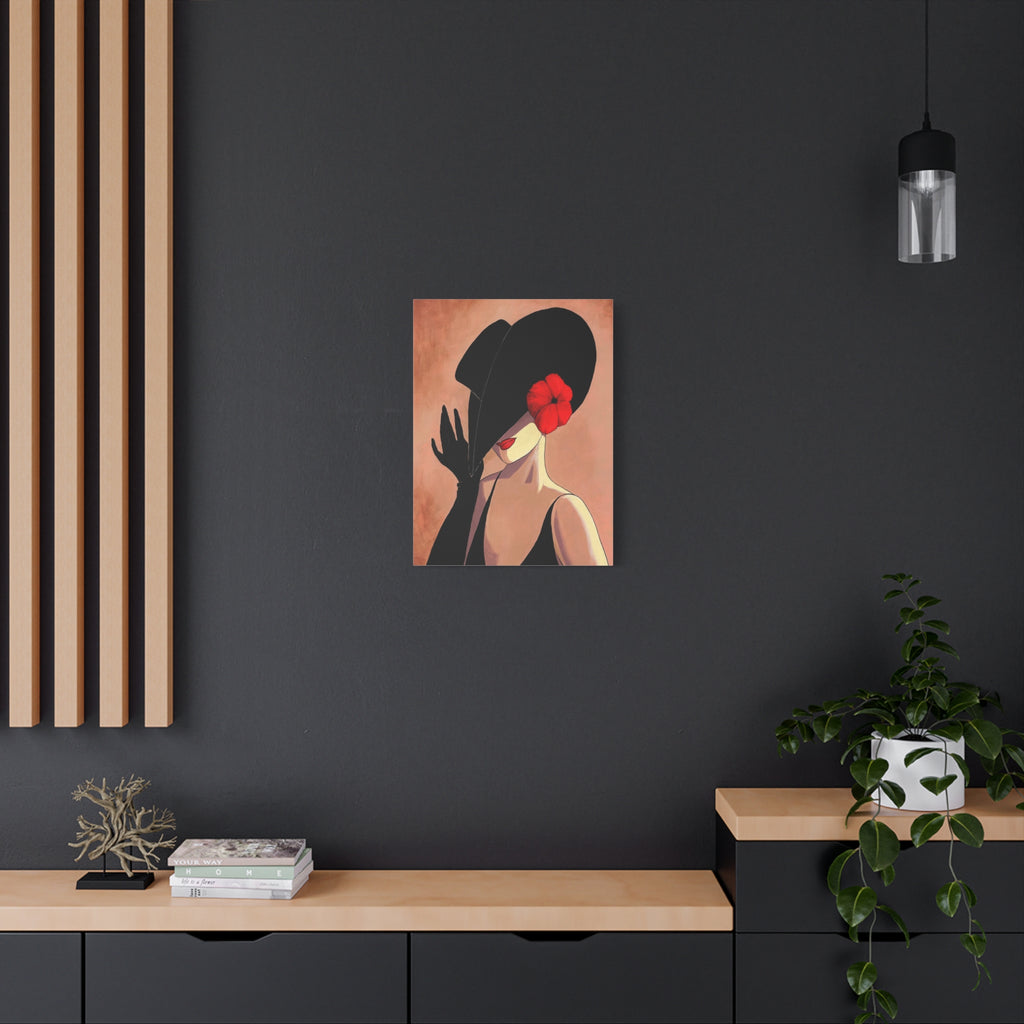 Elegant Lady with Black Hat Canvas Art — Red Flower Portrait 