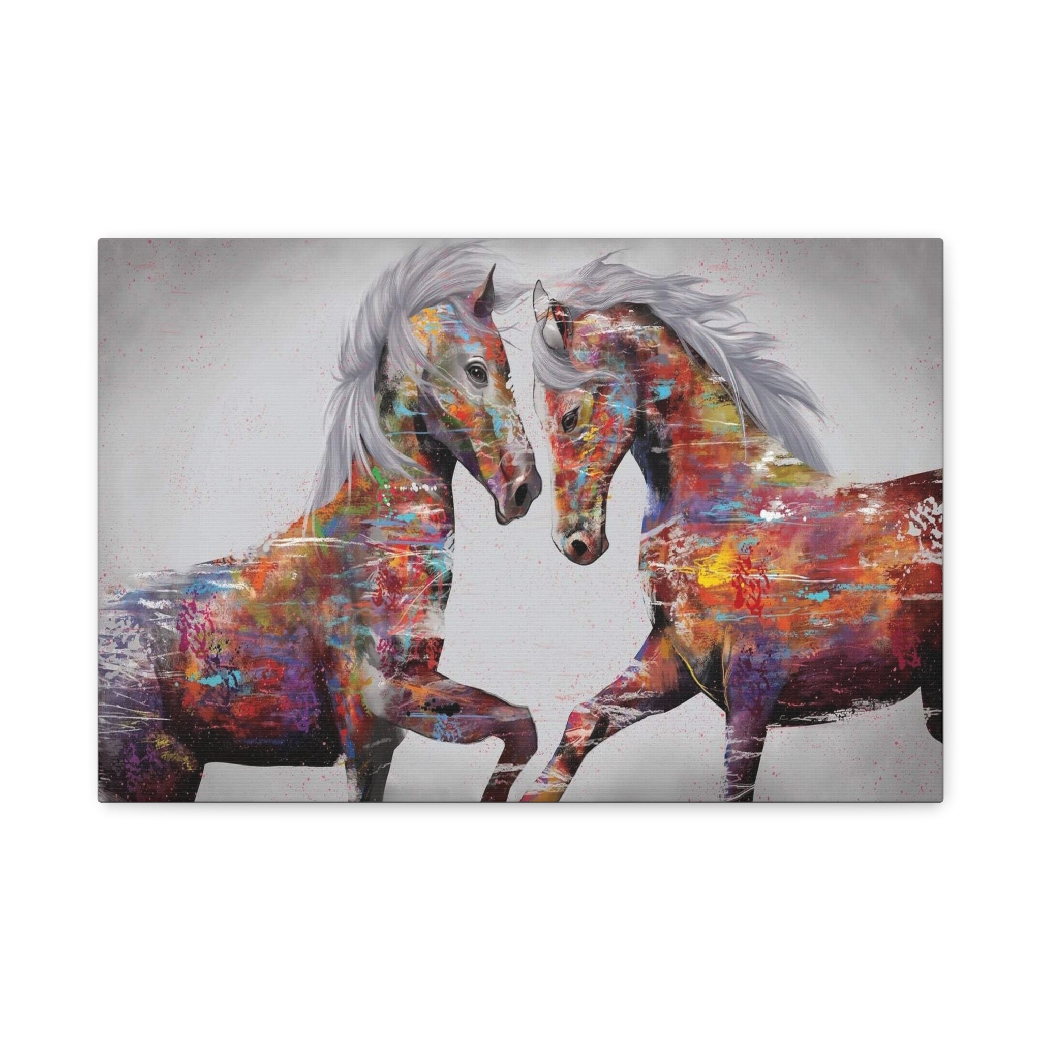 Colorful Horses Canvas Wall Art — Vibrant Abstract Horse Painting on Stretched Matte Canvas 