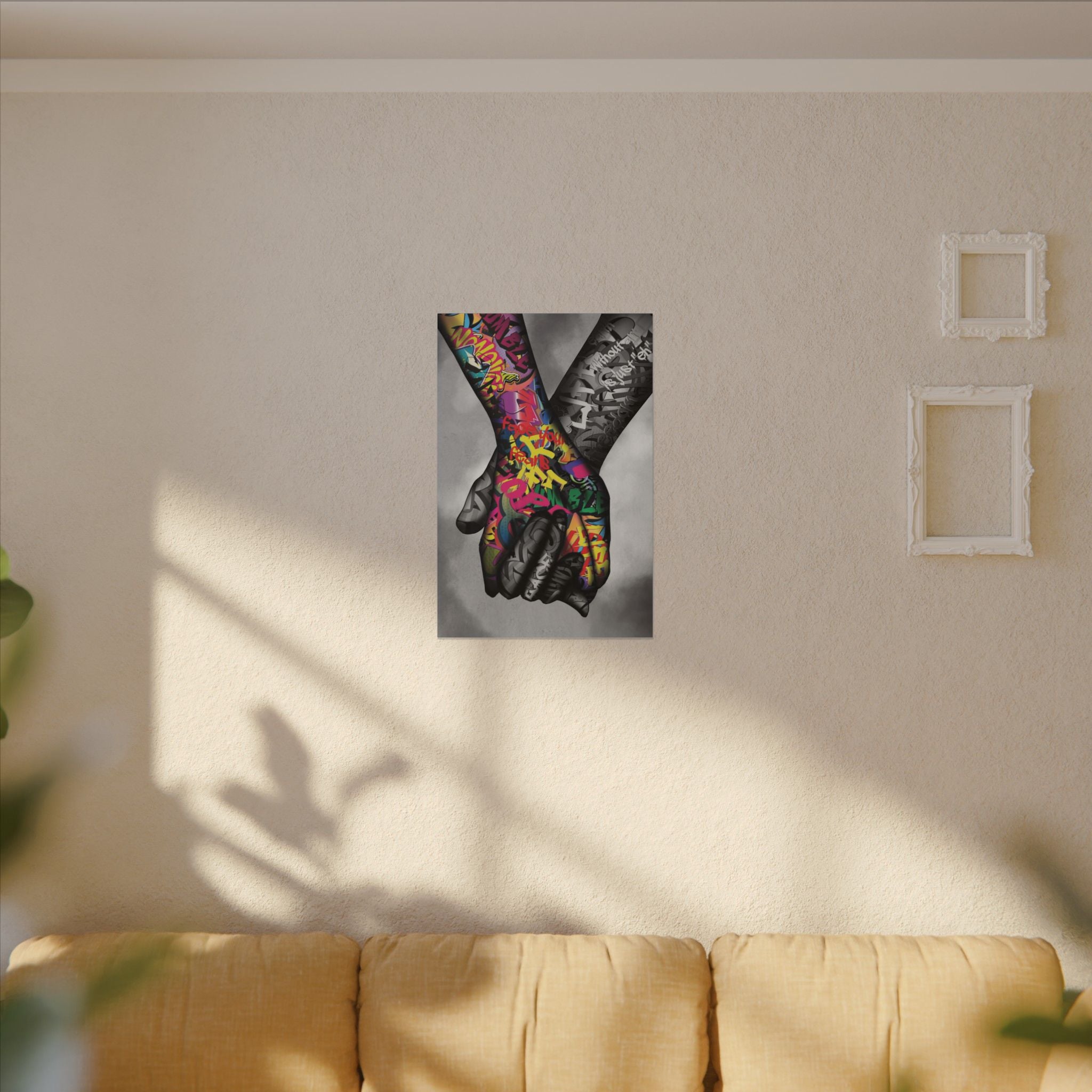 Graffiti Hands Canvas Print — Colorful Holding Hands Wall Art 