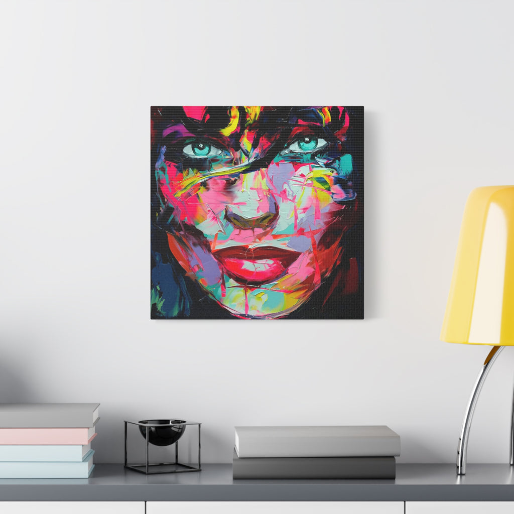 Colorful Abstract Portrait Canvas Print — Neon Female Face Matte Stretched Wall Art