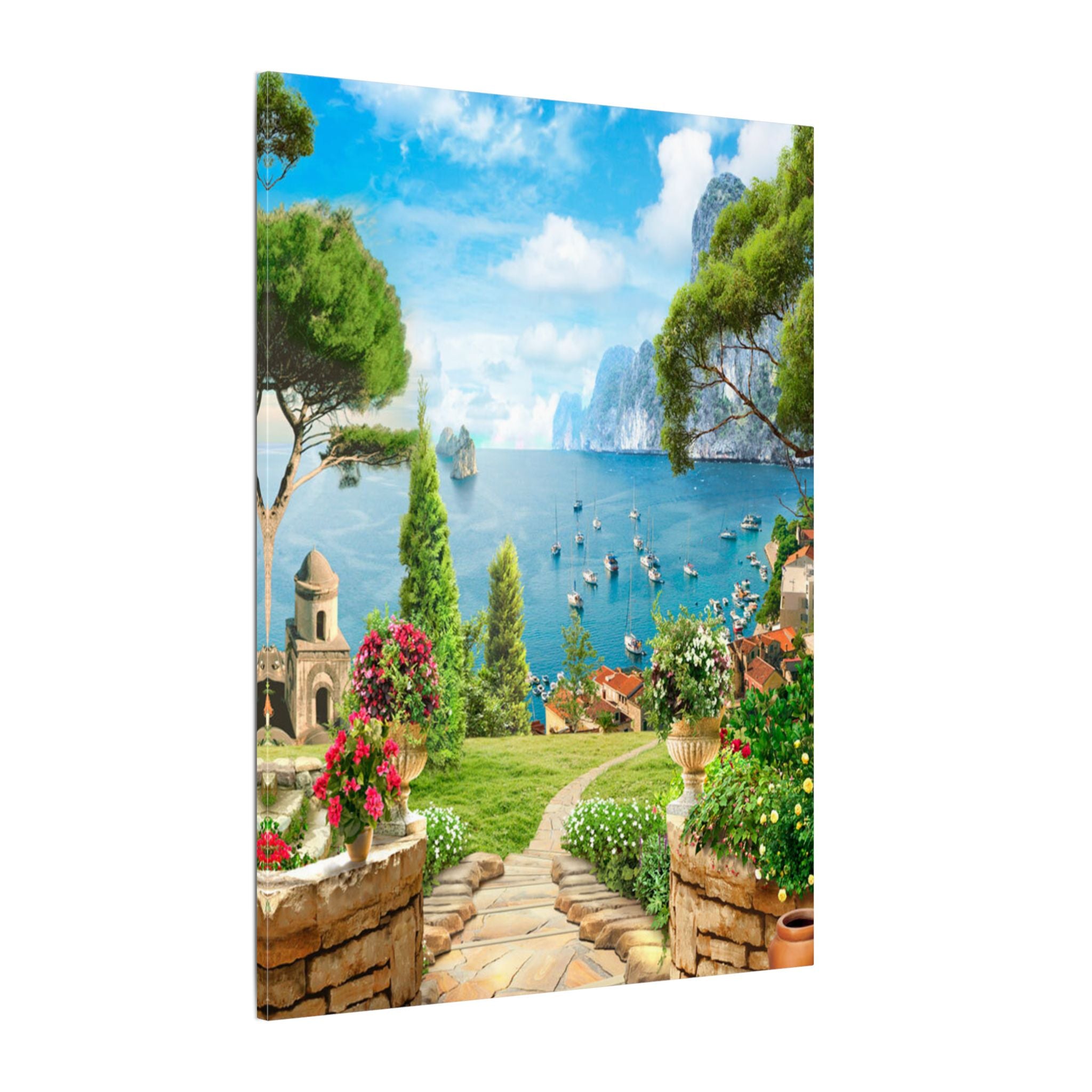 Canvas Wall Art - Mediterranean Seaside Pathway Painting (Matte Stretched Canvas)
