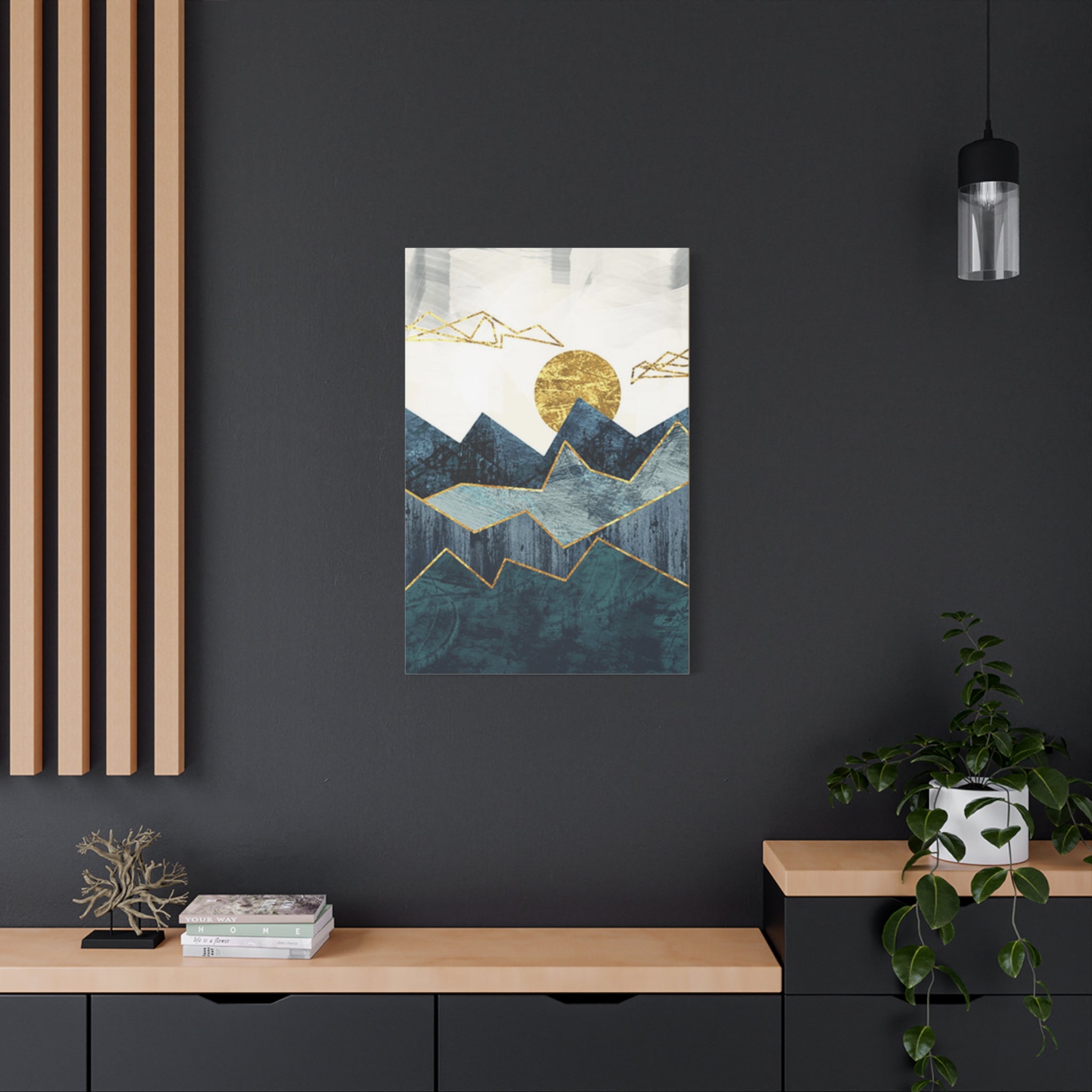Abstract Mountain Canvas Print – Gold Sun Geometric Wall Art (Matte Stretched) 