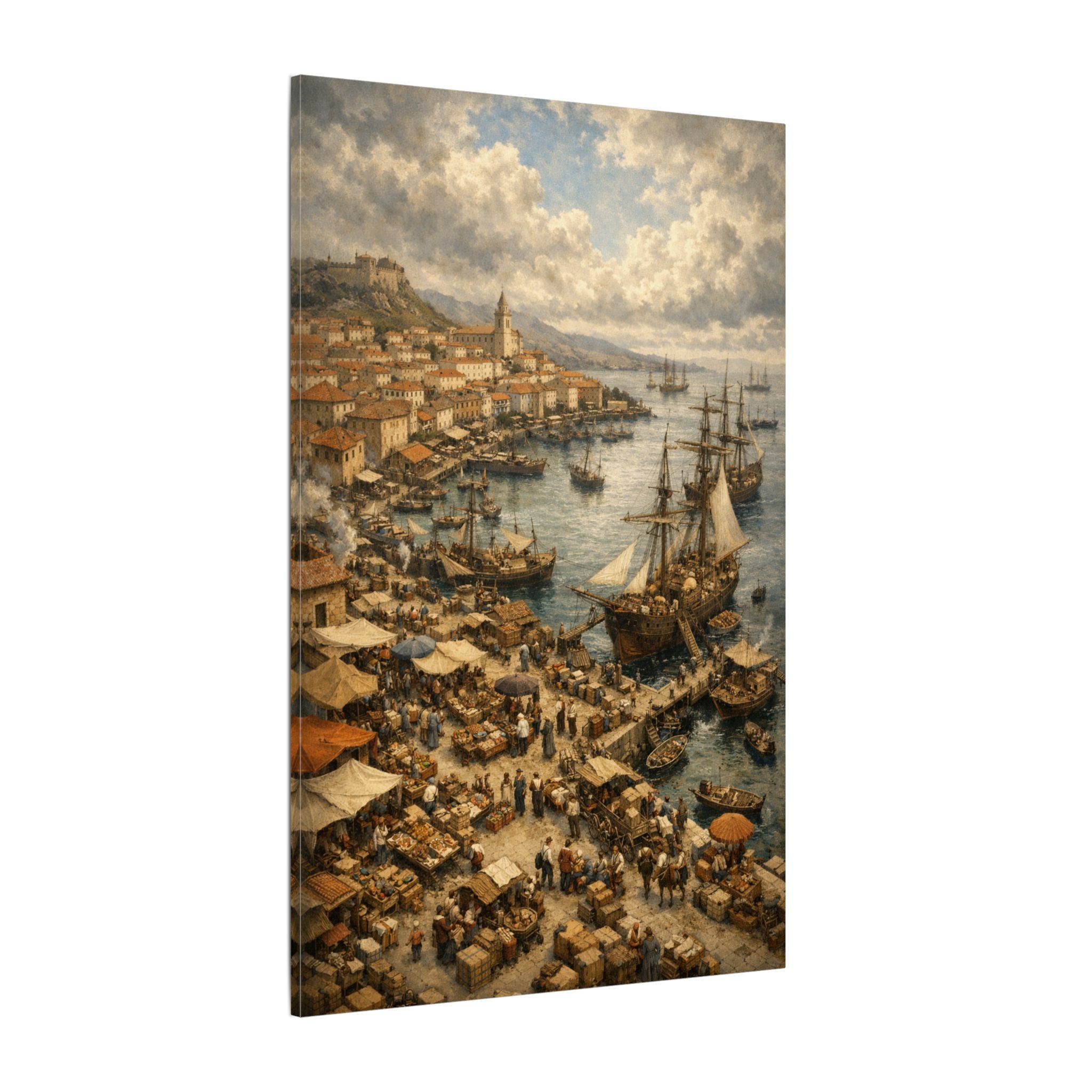 Seaside Harbor Market Matte Canvas Print — Vintage Coastal Wall Art 