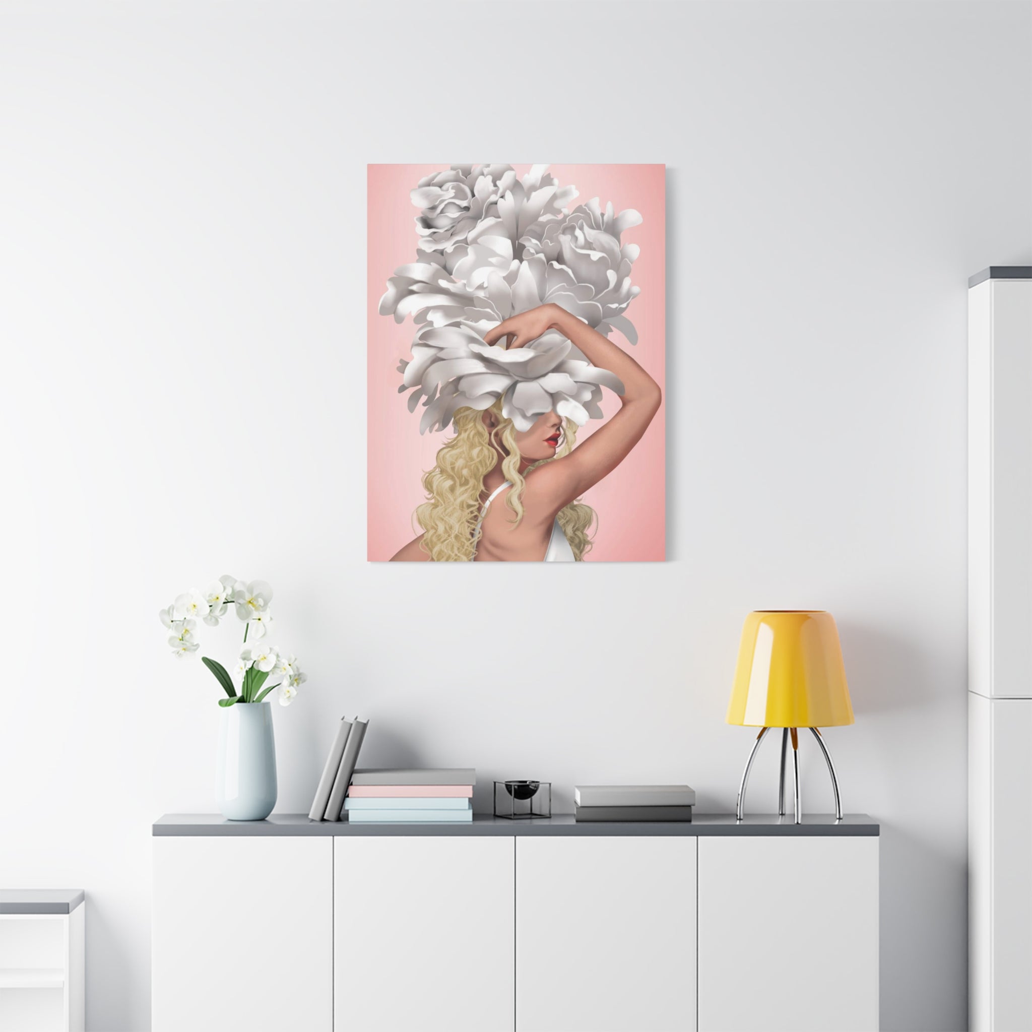 Blushing Muse Floral Canvas Print — Woman with Oversized White Peony Hat