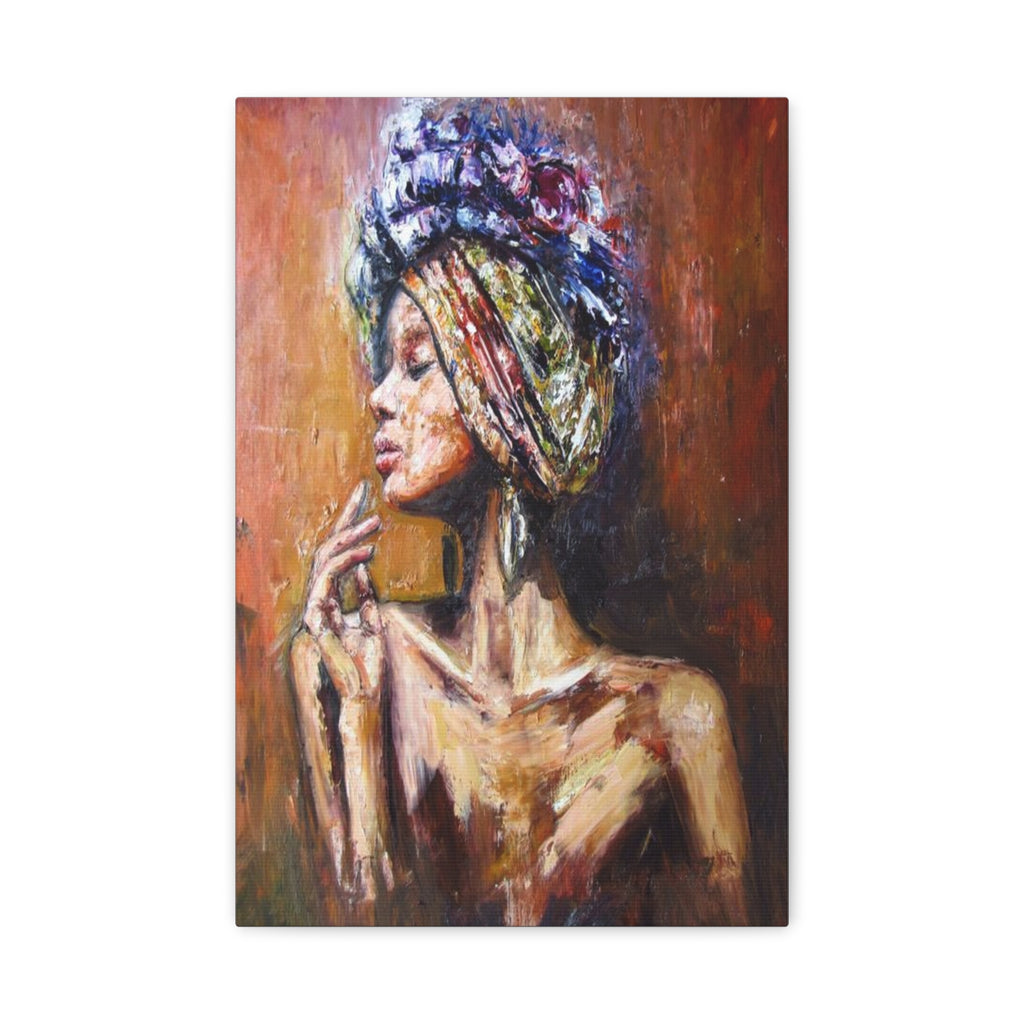 African Queen Portrait Matte Canvas Print — Colorful Textured Headwrap Wall Art