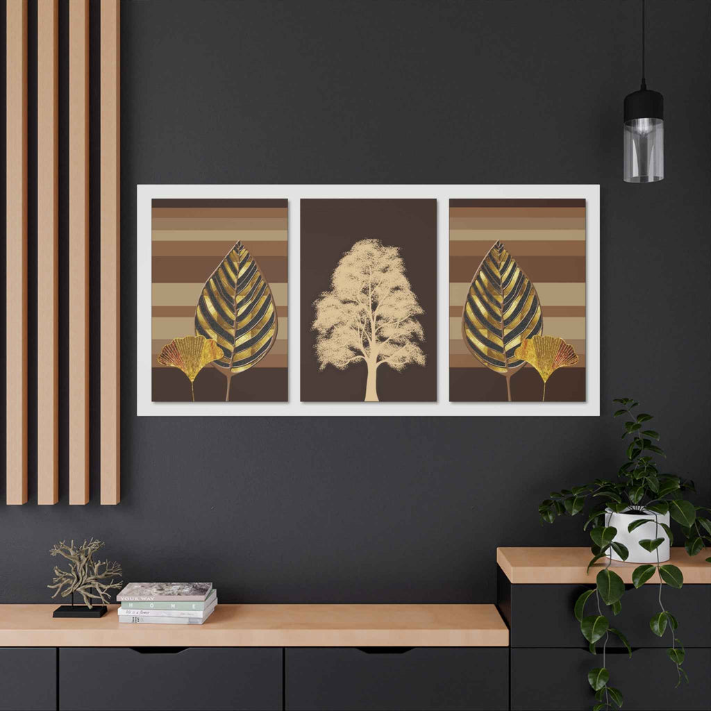 Golden Botanical Leaf Triptych Canvas Wall Art – Luxury Nature Decor