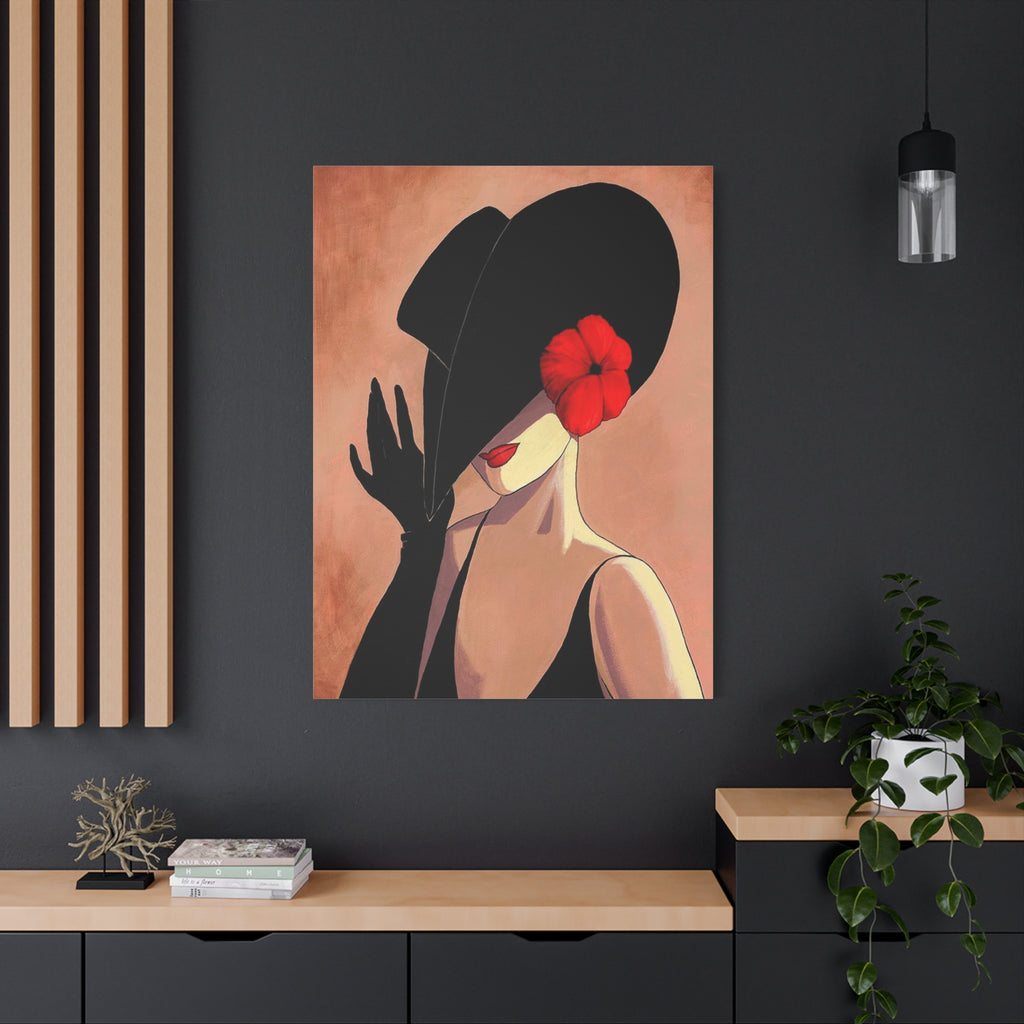 Elegant Lady with Black Hat Canvas Art — Red Flower Portrait 