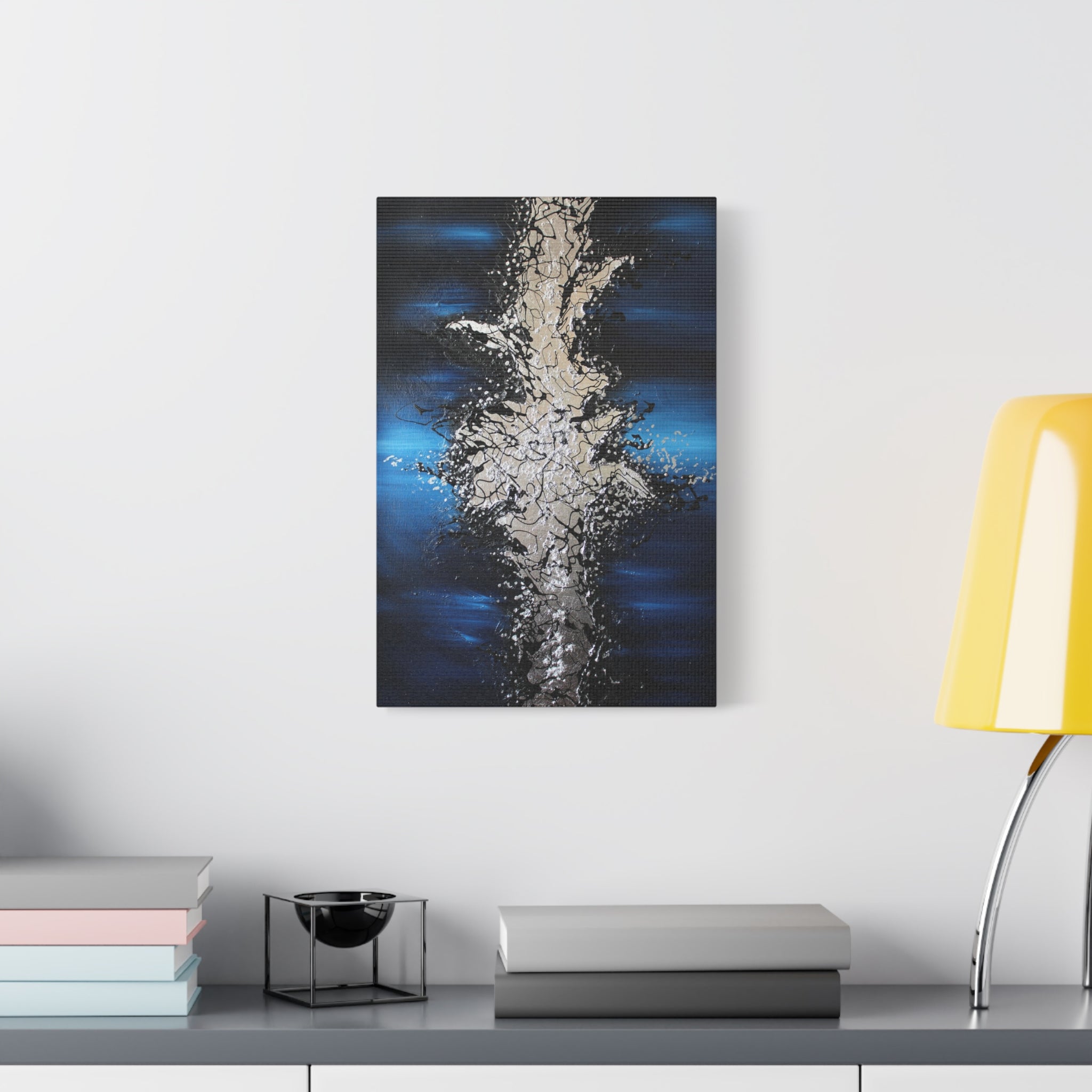Abstract Oceanic Burst Canvas Print — Blue & Silver Matte Stretched Wall Art