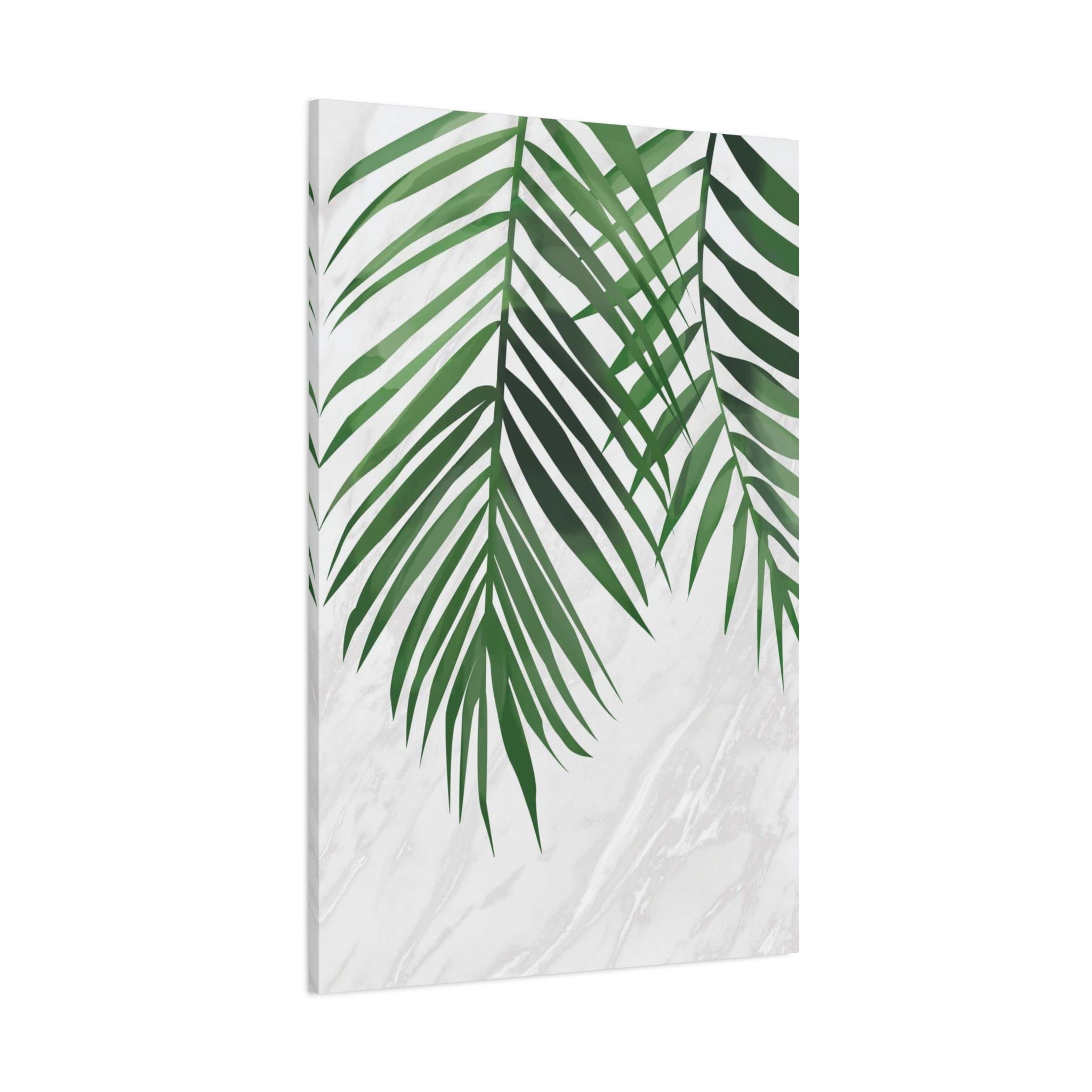 Tropical Palm Leaf Canvas Wall Art — Green Palm Fronds on Marble Matte Canvas 