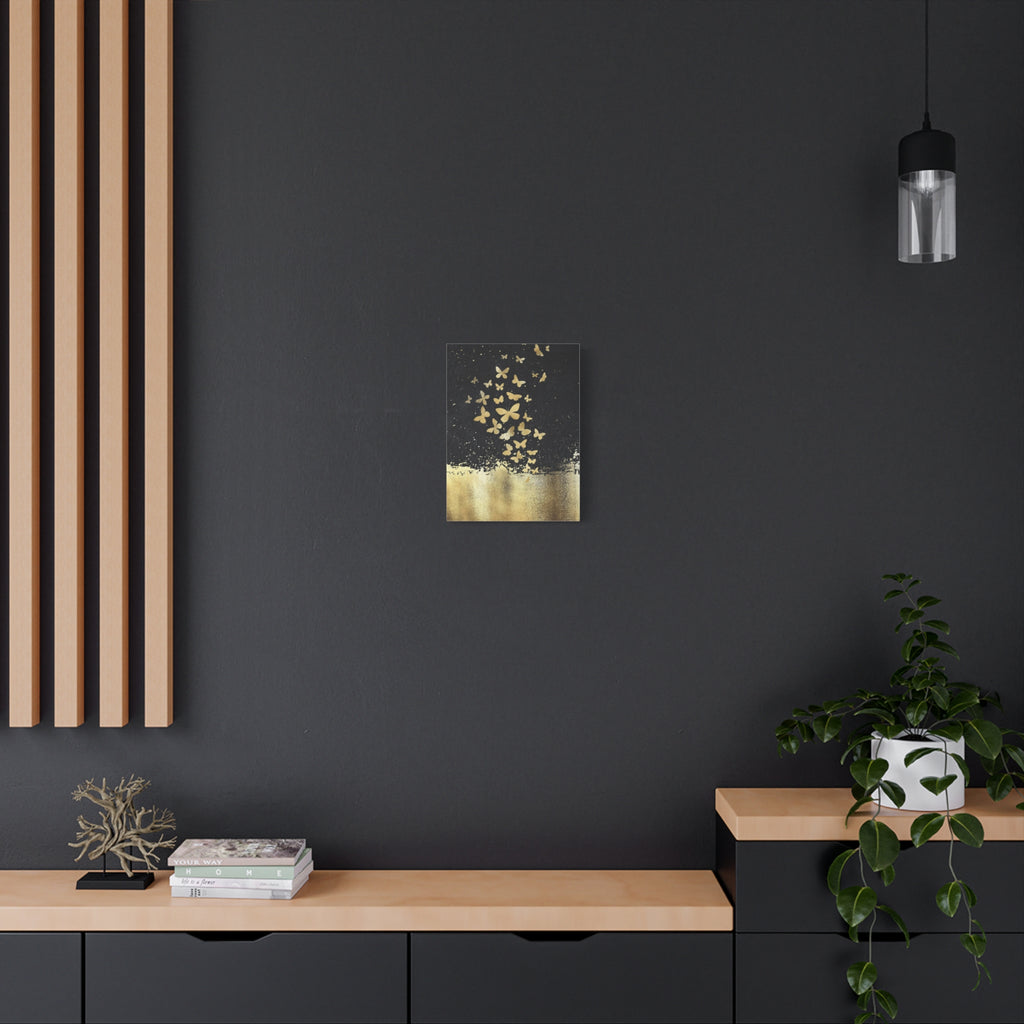 Canvas Art - Gold Butterflies on Black Abstract Matte Stretched Canvas
