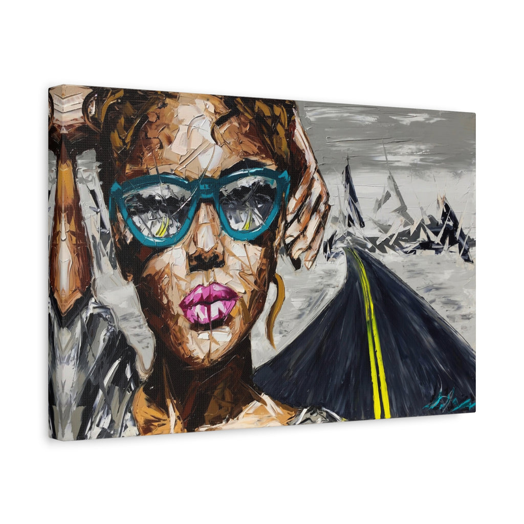 Modern Pop Portrait Canvas Wall Art — Woman with Sunglasses & Road 