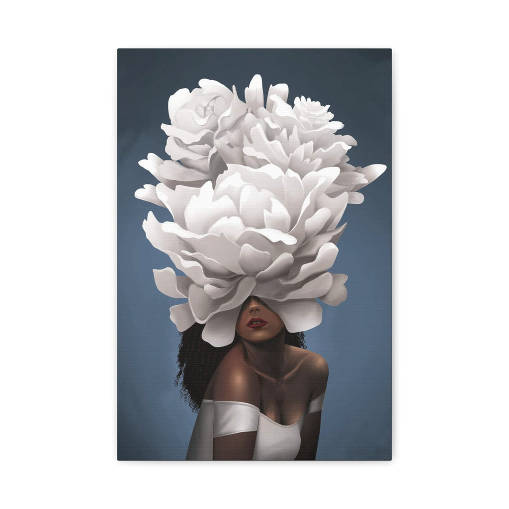 Floral Veil Canvas Wall Art — Elegant Woman with Oversized White Peony 