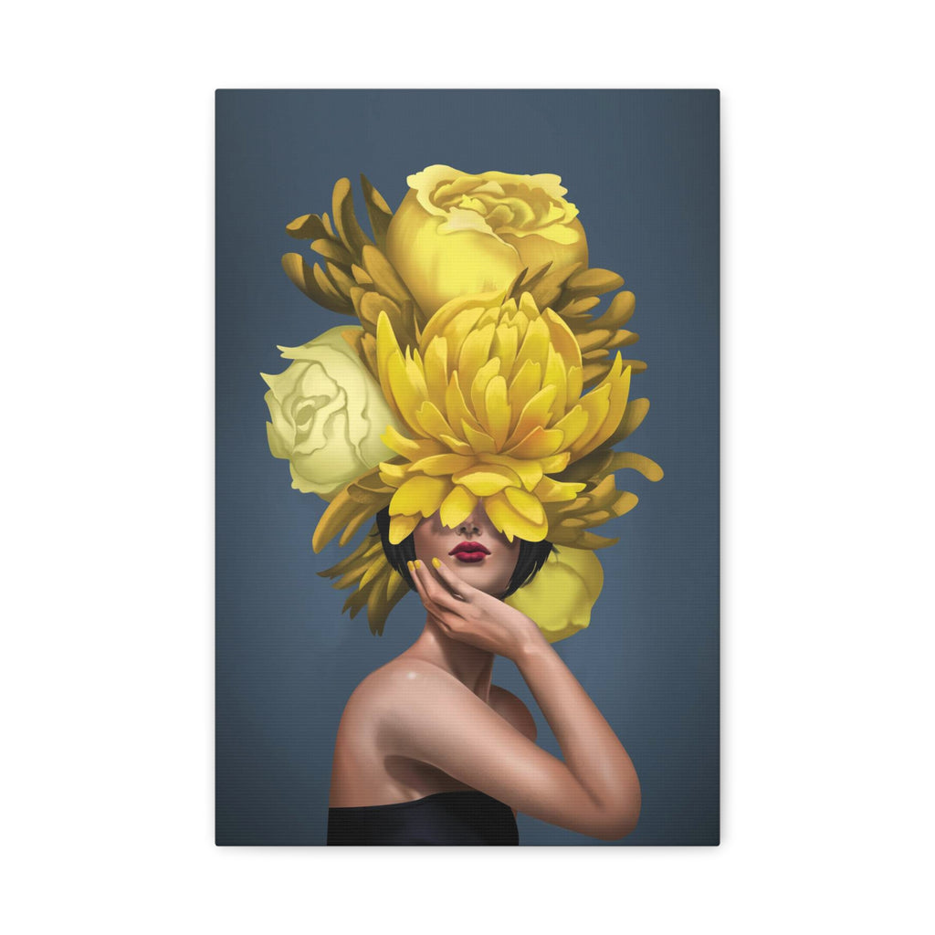 Yellow Floral Femme Canvas Wall Art — Modern Portrait with Giant Flowers 