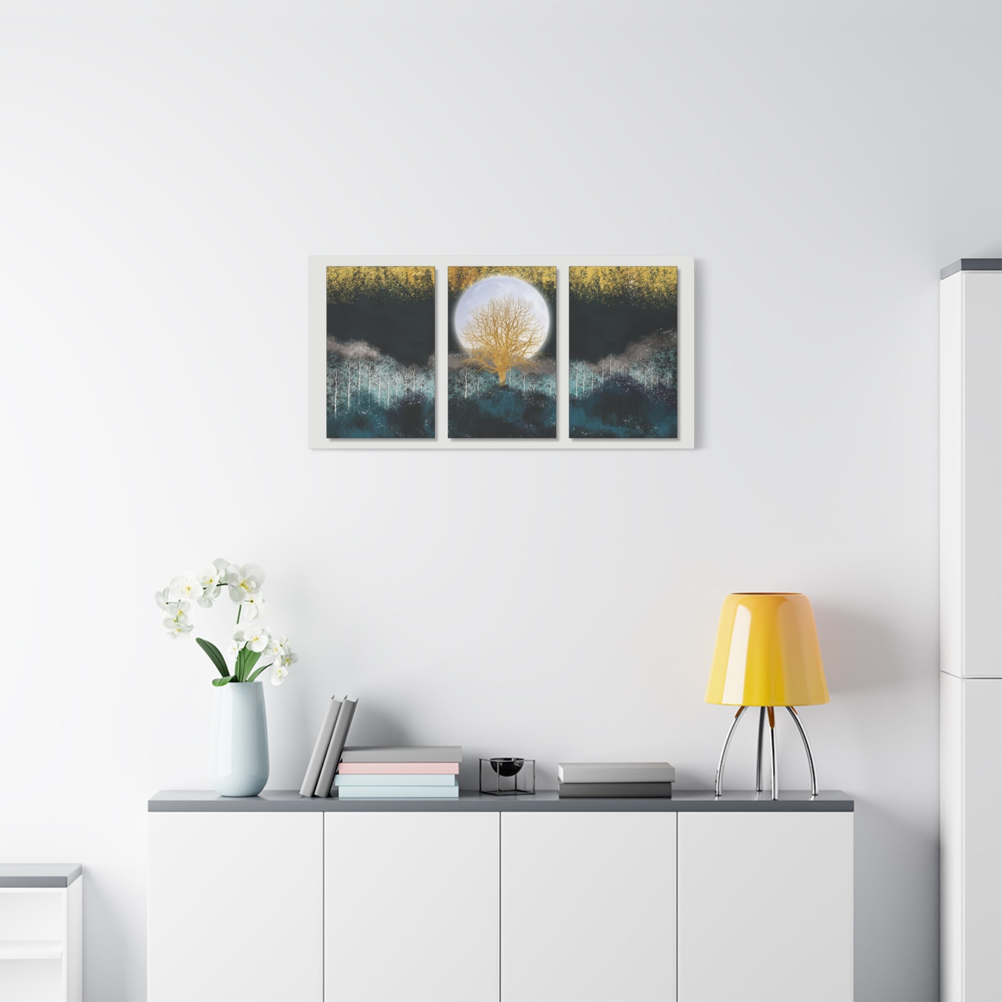 Golden Moon Tree Triptych Canvas Print