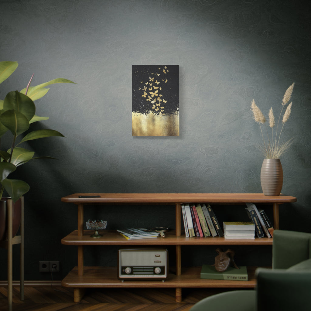 Canvas Art - Gold Butterflies on Black Abstract Matte Stretched Canvas