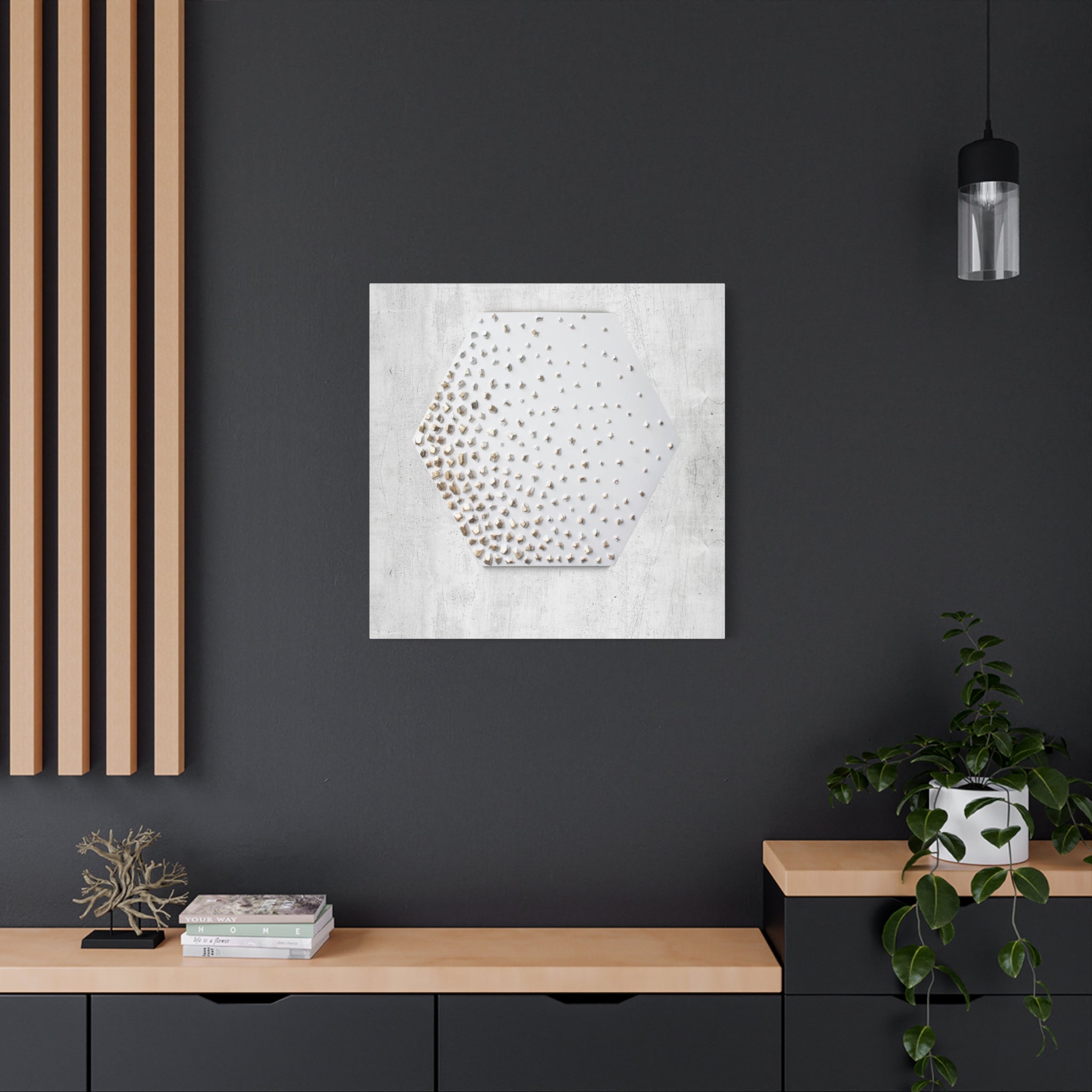 Hexagon Gold Dot Matte Canvas Wall Art — Neutral Modern Textured Home Decor 