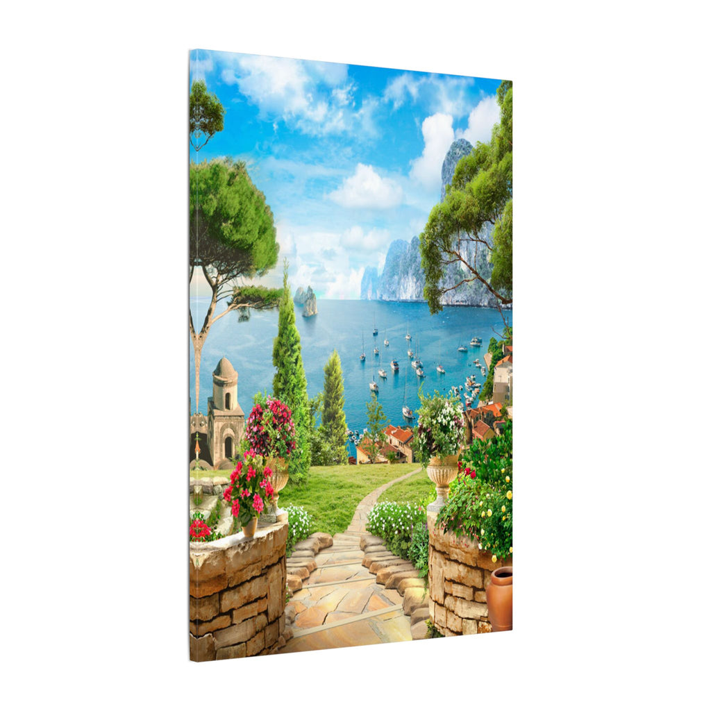 Canvas Wall Art - Mediterranean Seaside Pathway Painting (Matte Stretched Canvas)