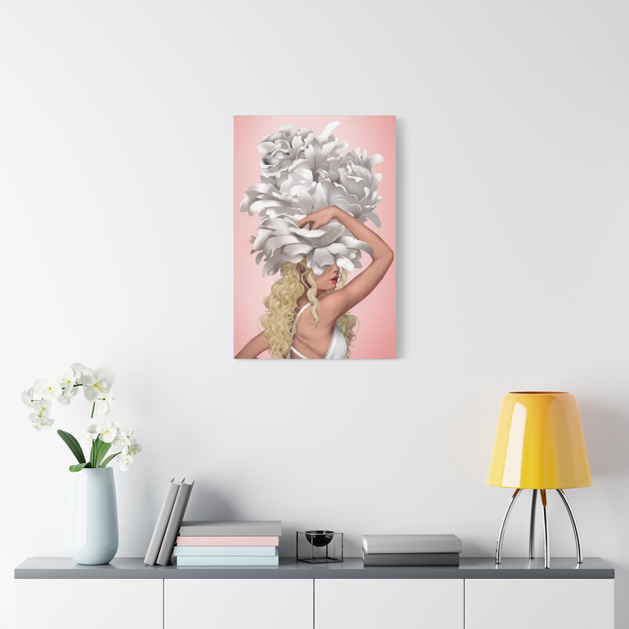 Blushing Muse Floral Canvas Print — Woman with Oversized White Peony Hat