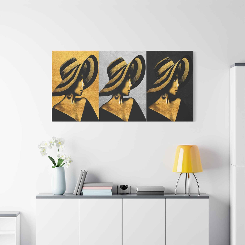 Golden Fashion Woman Portrait Triptych Canvas Wall Art – Luxury Decor