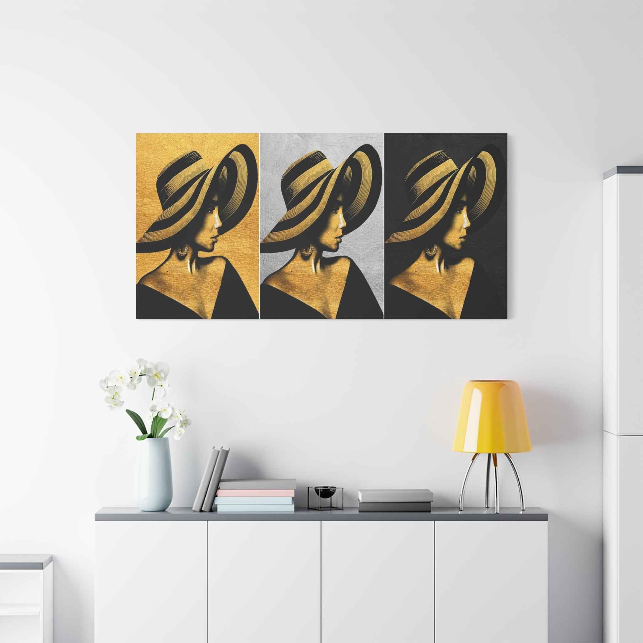 Golden Fashion Woman Portrait Triptych Canvas Wall Art – Luxury Decor