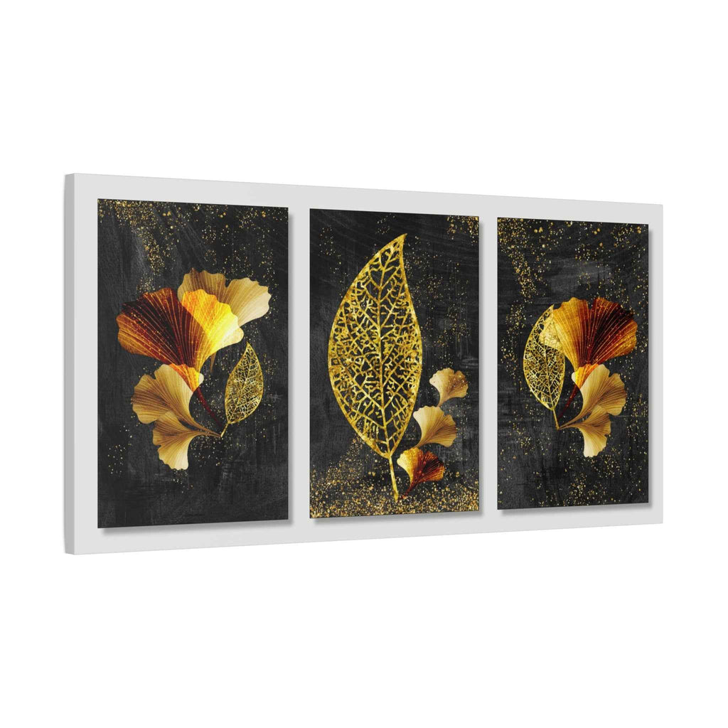 Gold Botanical Leaf Triptych Canvas Wall Art – Luxury Botanical Decor