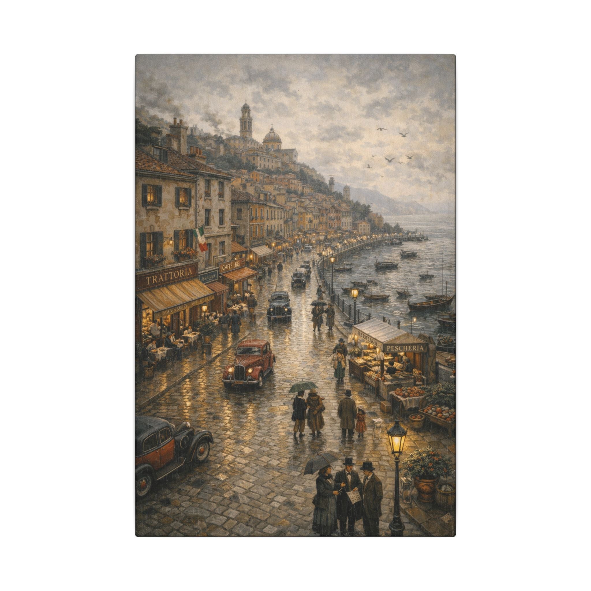 Vintage Coastal Street Matte Canvas Print — Rainy Harbor Evening Wall Art