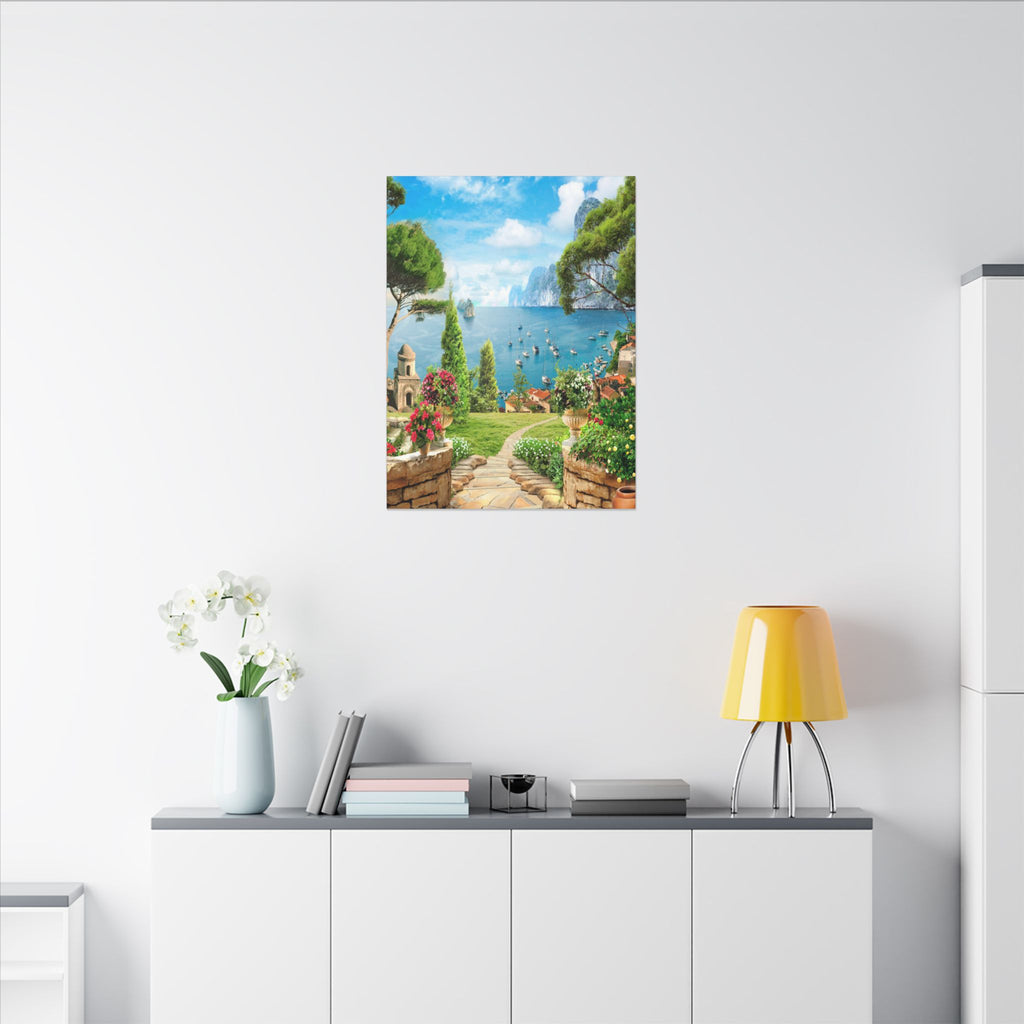 Canvas Wall Art - Mediterranean Seaside Pathway Painting (Matte Stretched Canvas)