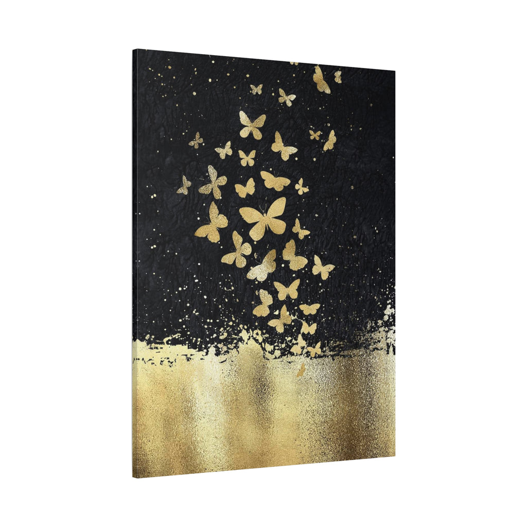 Canvas Art - Gold Butterflies on Black Abstract Matte Stretched Canvas
