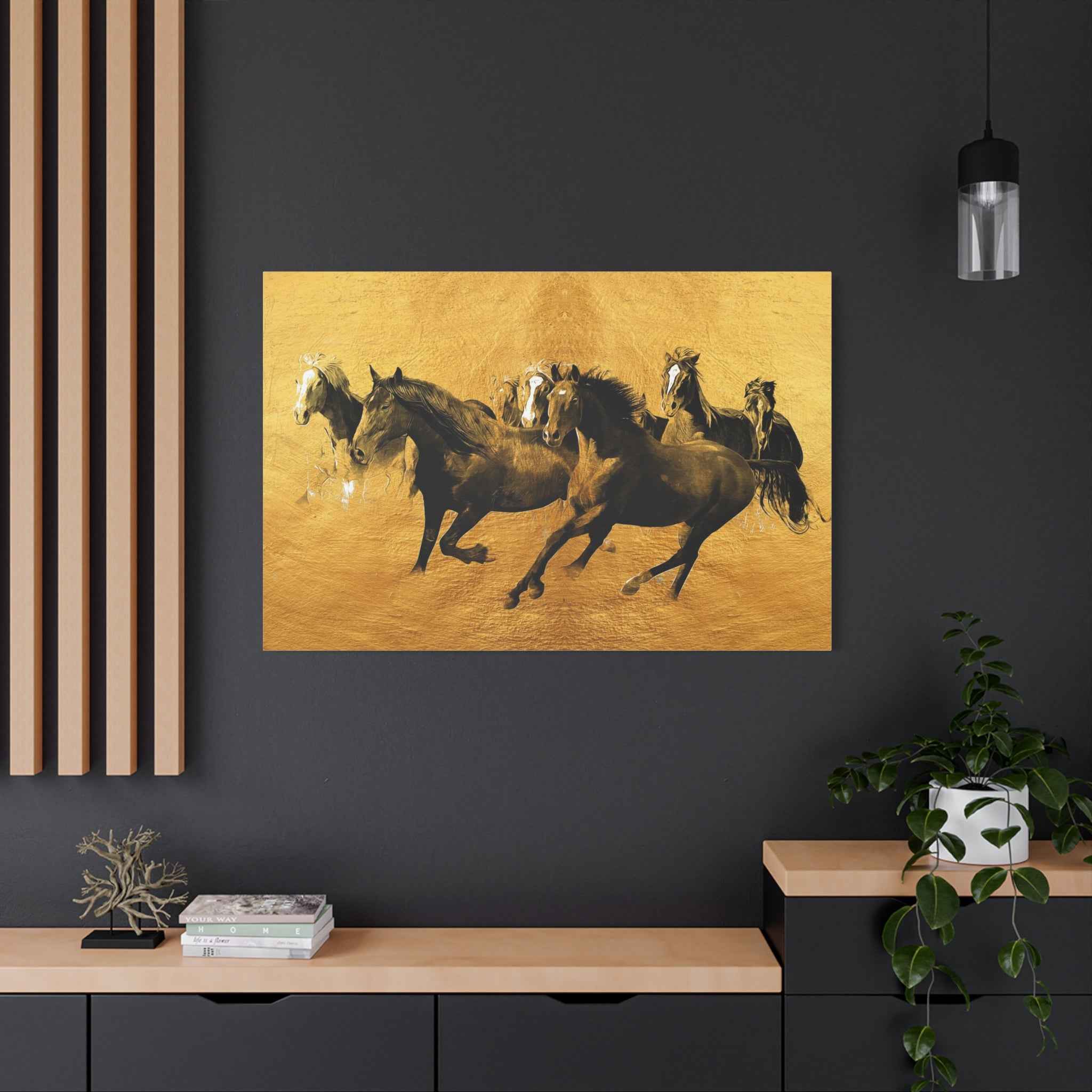 Golden Running Horses Canvas Wall Art – Wild Horse Decor