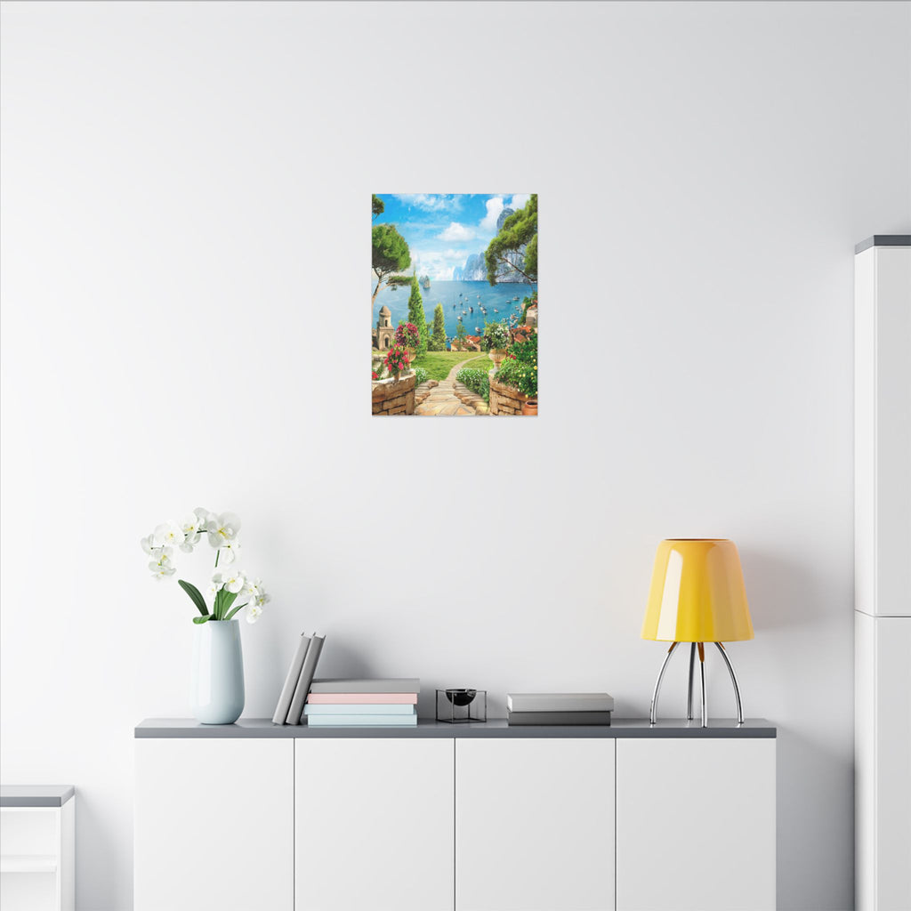Canvas Wall Art - Mediterranean Seaside Pathway Painting (Matte Stretched Canvas)